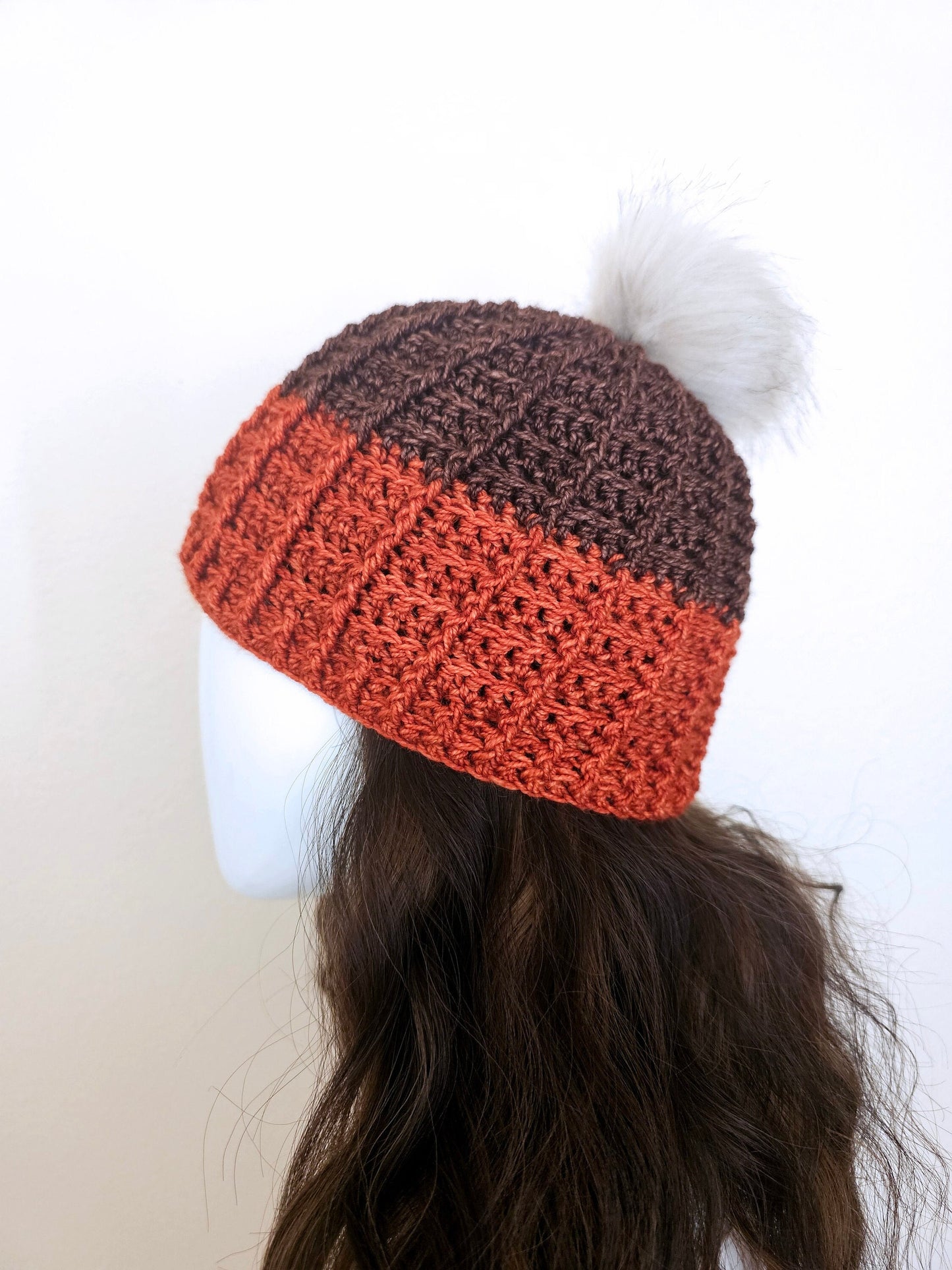 Waffle Stitch Winter Beanie. Orange & Brown Stocking Cap. Unisex Winter Hat. Pom Pom Beanie. Adult Wool Alpaca Hat. Textured Crochet Beanie.