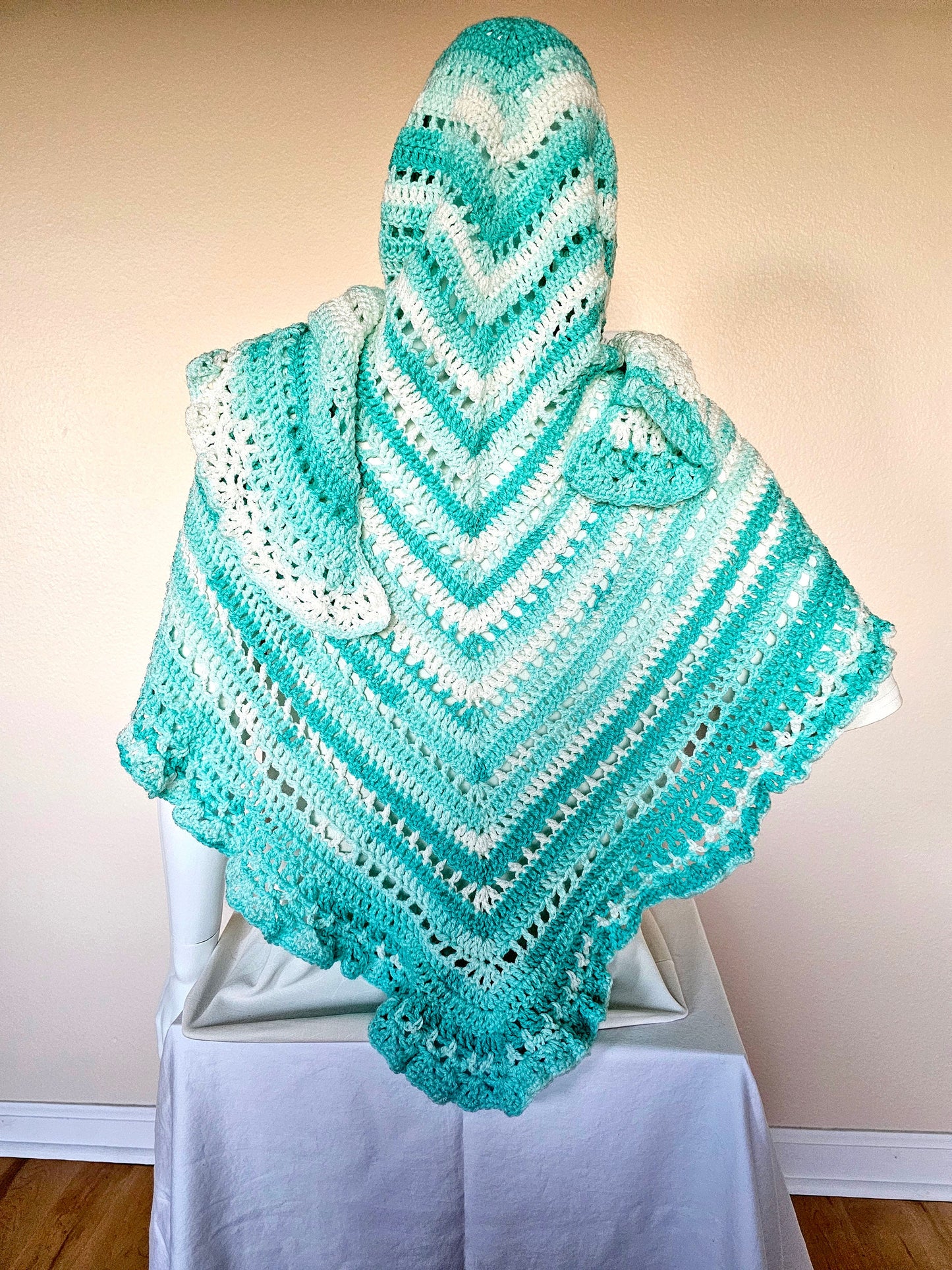 Triangular Shawl. Crochet wrap. 3-Season shawl. Ruffled shawl. Oversize wrap. Gift for Women. Striped Acrylic Wrap. Unique chic shawl.