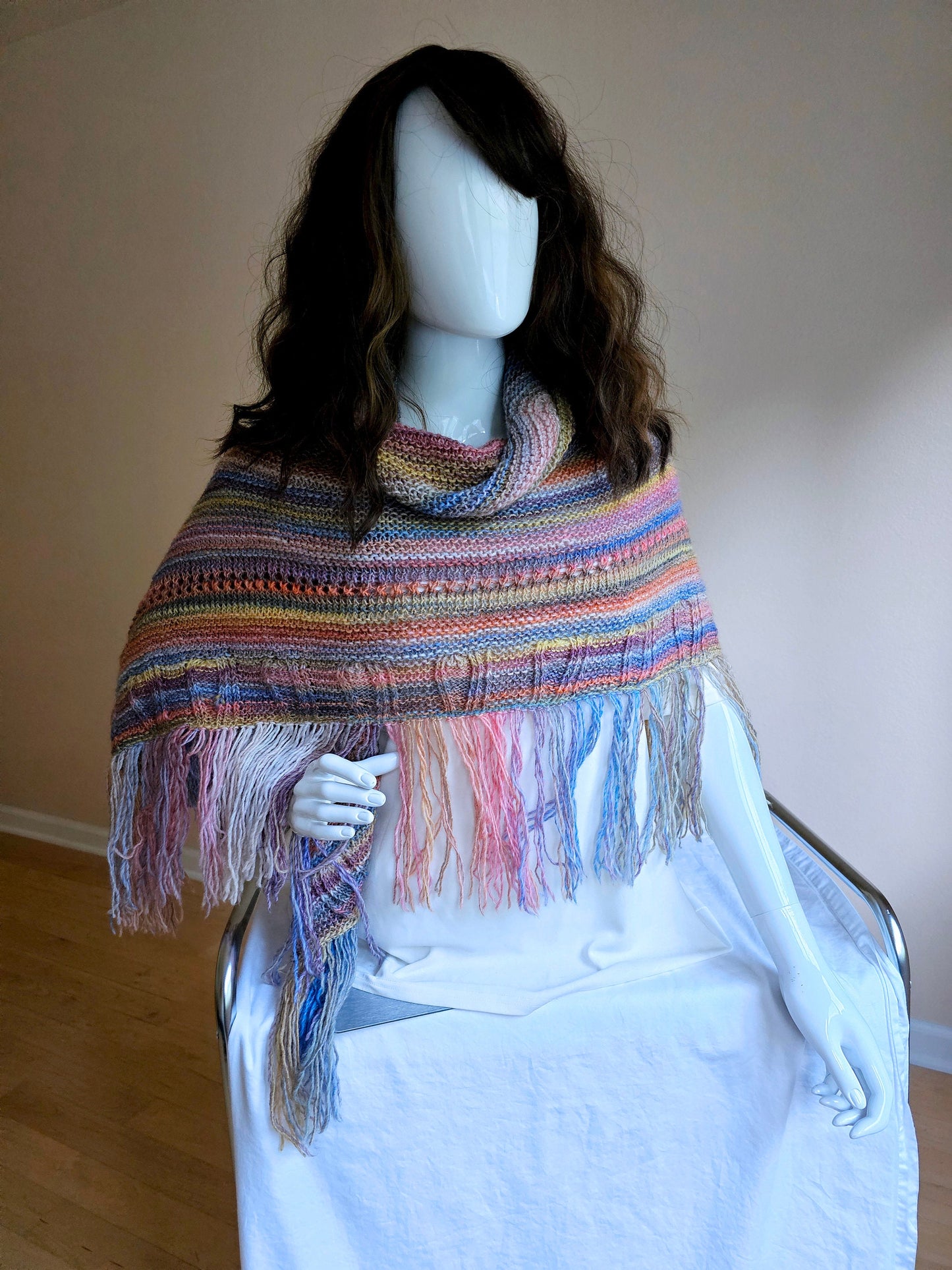 Pastels Triangle Shawl. Fringed Boho Wrap. Textured Wool Shawl. Soft, Cozy Wrap. Handmade Striped Shawl. Knit shoulder wrap. Gift for Her.