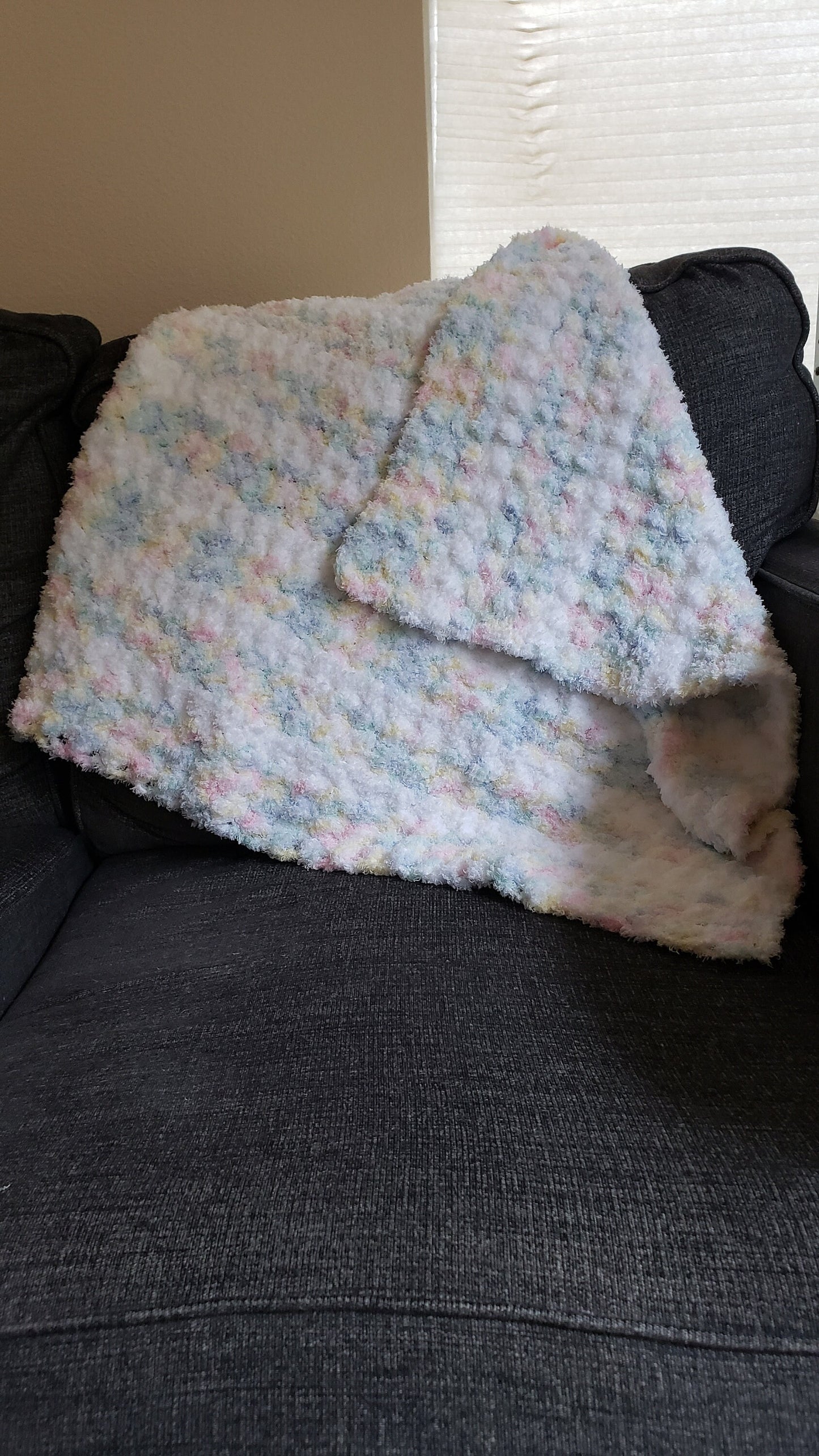 Super Soft Crocheted Baby Blanket and Cap in Rainbow Pastels and White. Baby Shower Gift. Gender Neutral. Textured Crib Blanket.