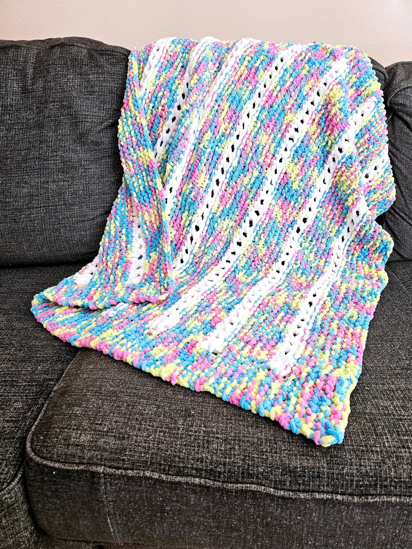Super Soft Hand Knit Baby Afghan. Chenille Lapghan. Baby Shower Gift. Cozy Toddler Comforter. Blue, Pink, Yellow and White Crib Blanket.