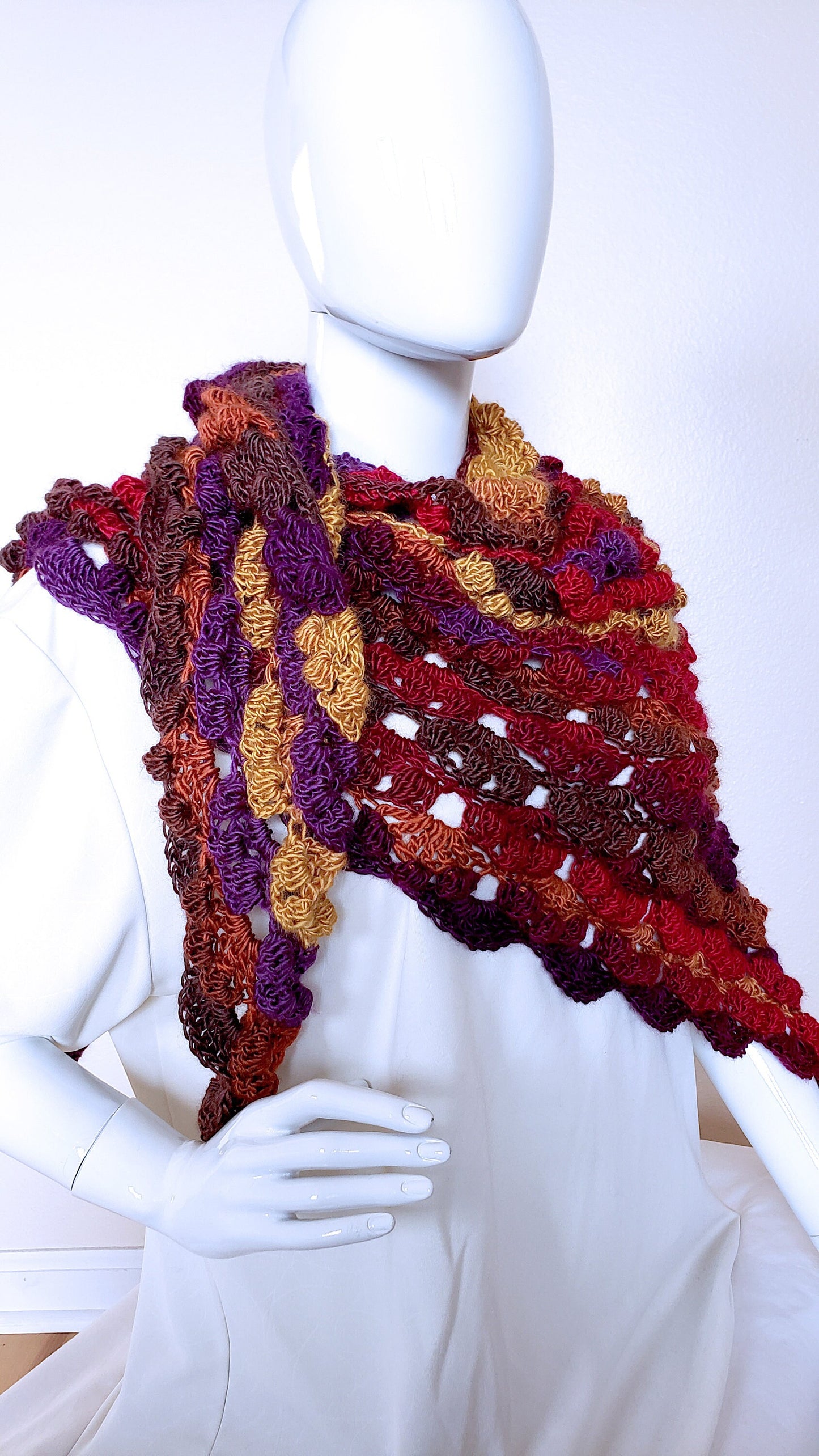 Triangular Shawl. Crochet wrap. 3-Season shawl. Textured shawl. Oversize wrap. Gift for Women. Lacy Multicolor Wrap. Unique chic shawl.