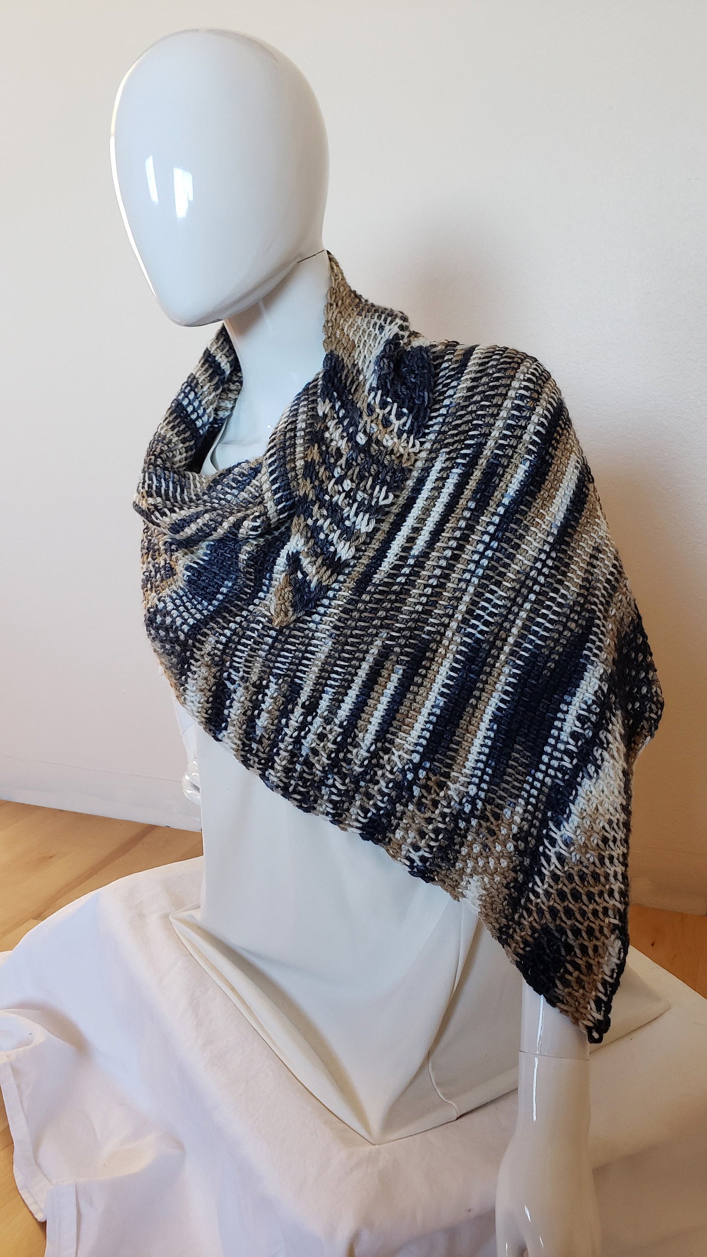 Wool Silk Shawl. Black Gold and Cream. Kerchief wrap. Textured shawl. Silk winter scarf. Gifts for her. Shawl scarf. Tunisian Crochet.