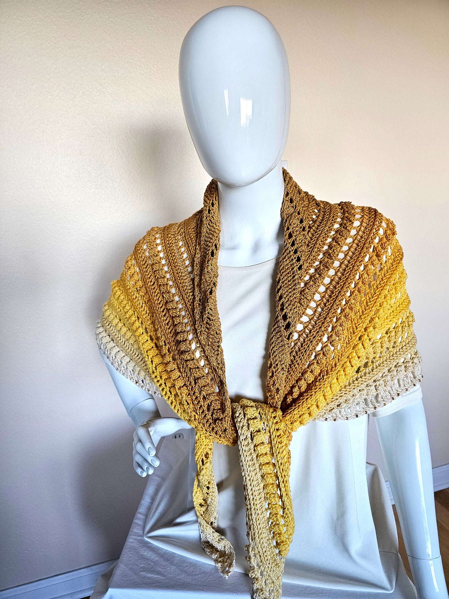 Hand Crochet Wrap. Wedding shawl. Bridesmaid wrap. Prom accessory. Beaded shawl. Princess wrap. Bridal stole. Gift for her. Gold and Cream.