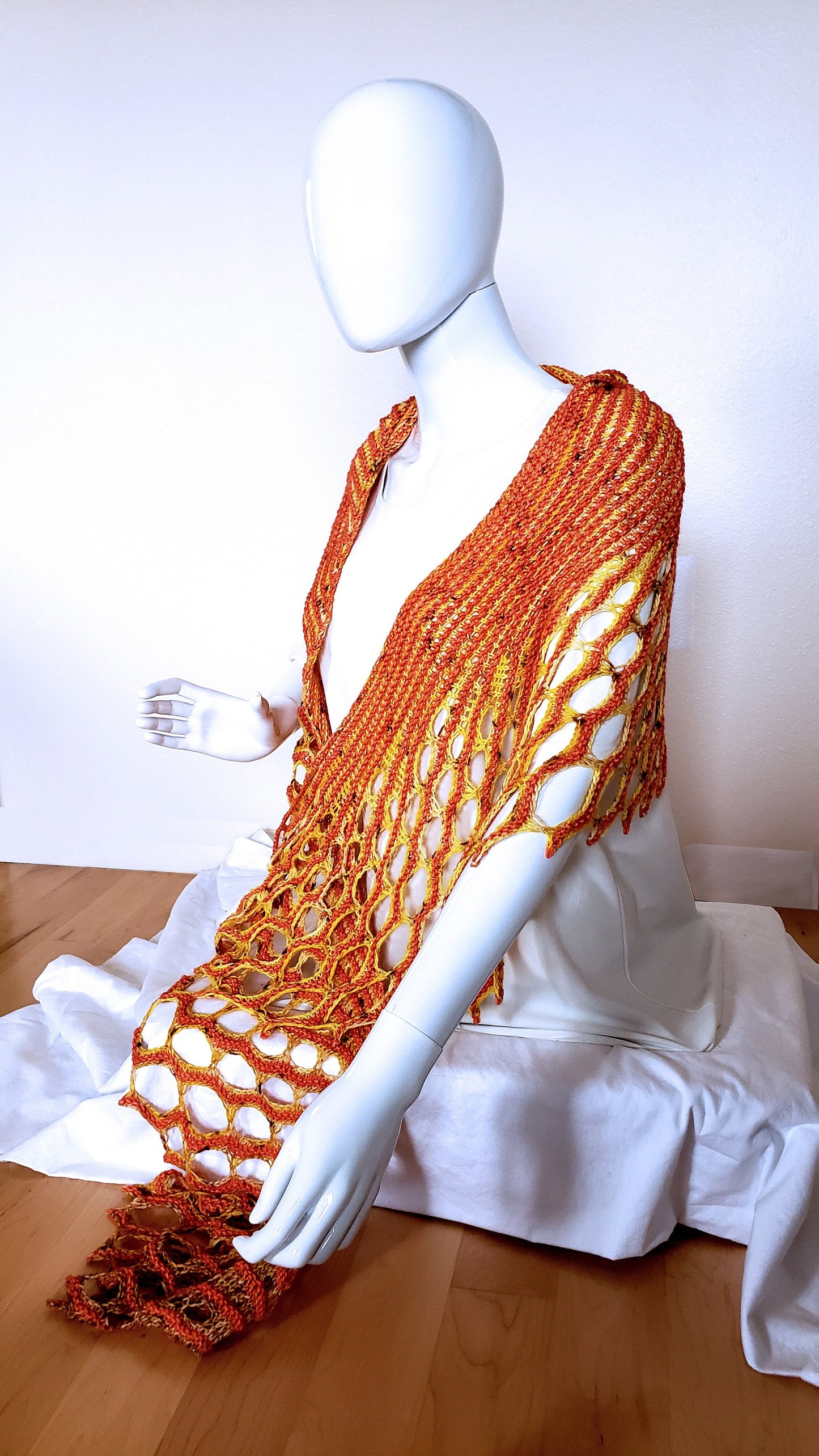 Elegant Tangerine Wrap. Hand Knit Stole. Unique Dressy Shawl. Summer Spring Accessories. Honeycomb Shawl. Angel Wings Wrap. Gifts for Her.