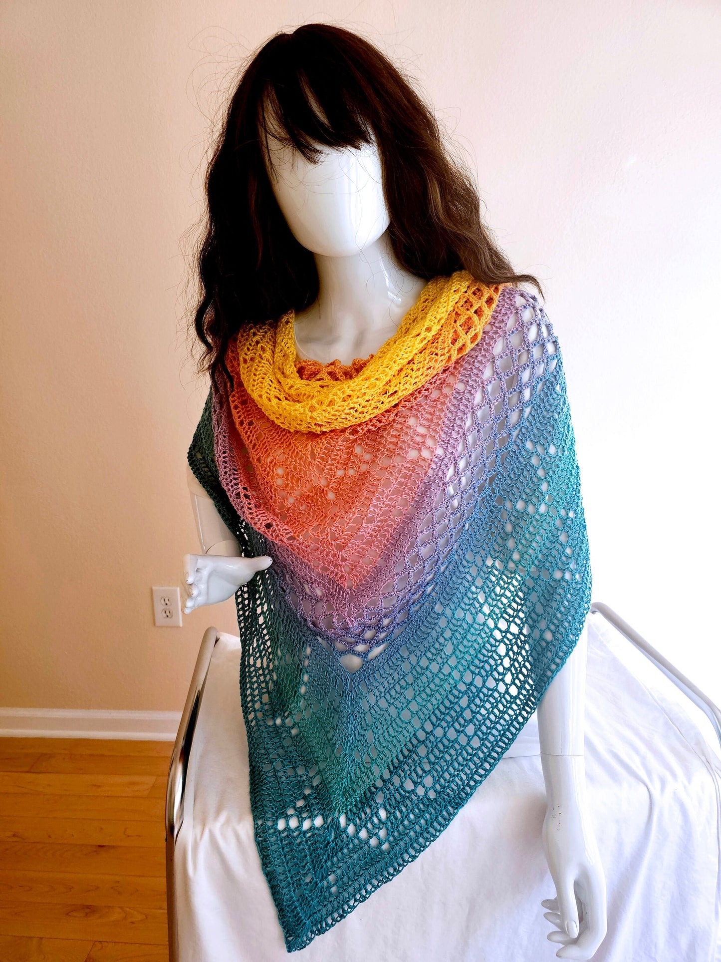 Oversize Crochet Shawl. Tropical Colors Wrap. Lacy Beach Coverup. Gift for Her. Cotton Blend Shawl. Handcrafted Summer Wrap. Triangle Shawl.