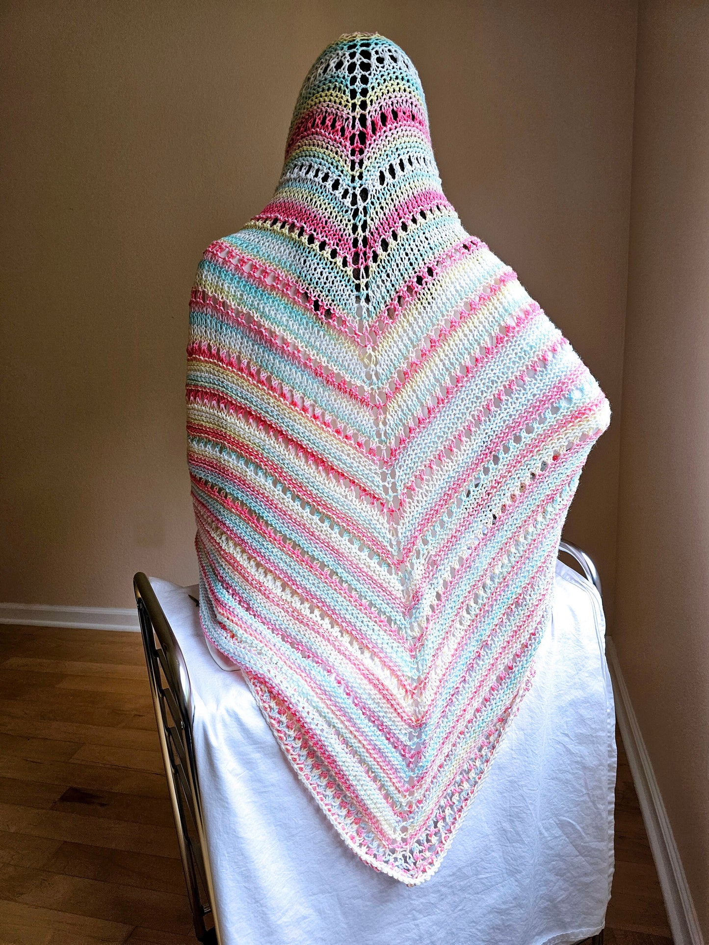 Triangular Shawl. Hand knit shawl. 3-Season shawl. Oversize shawl. Coral and turquoise. Pastel stripes shawl. Knit cover up. Hooded shawl.