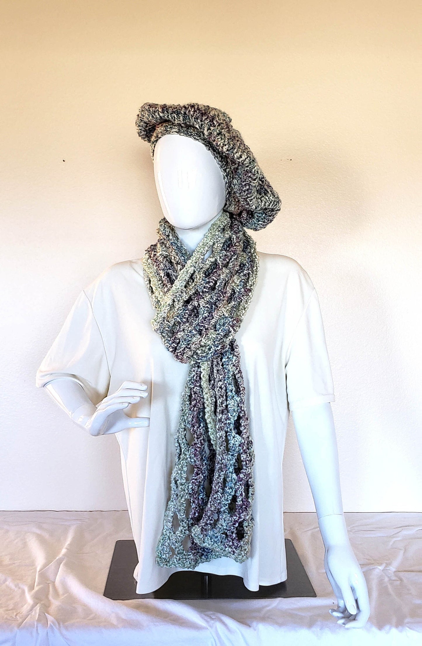 Hand Crochet 3-Season Scarf and Beret Set. Medium chunky weight. Gift for Women. Birthday gift. Boho hat and scarf. Cream, Rose, and Teal.