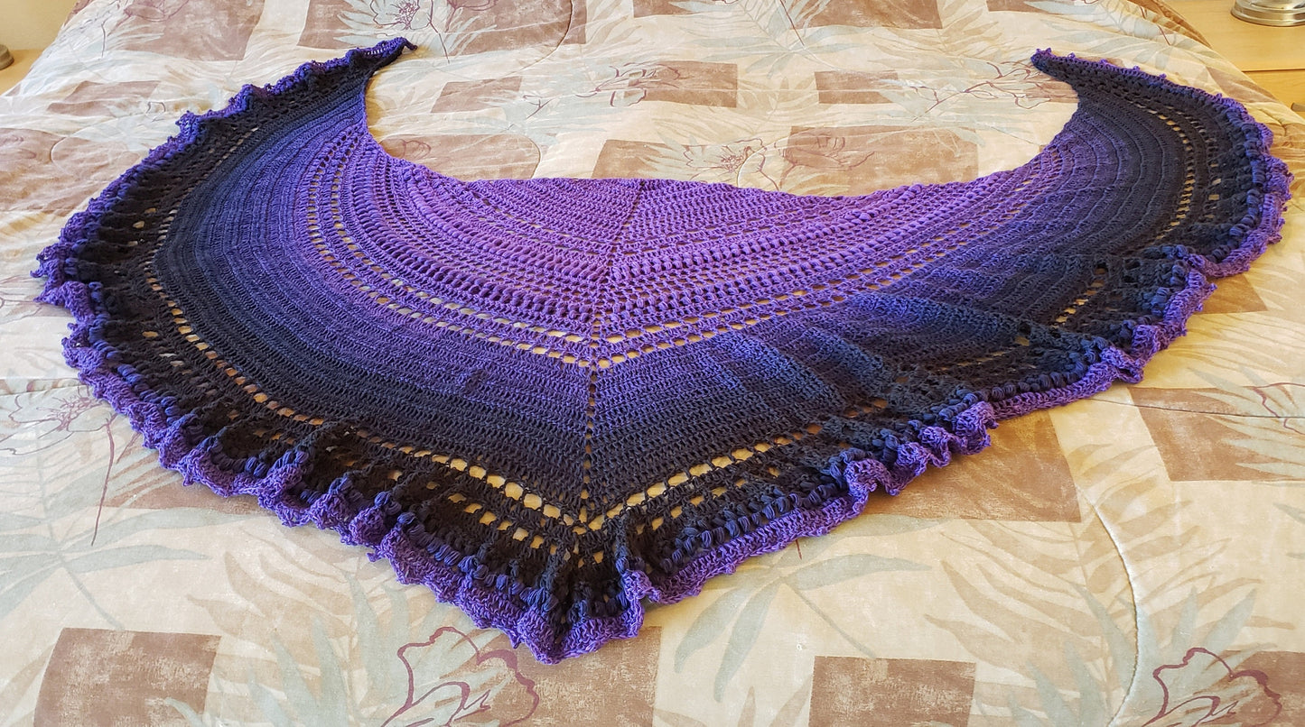 Triangular Shawl. Crochet Cotton Wrap. Large shawl. Winter scarf cotton. Whimsigoth wrap. Three season shawl. Gift for Her. Purple Black.
