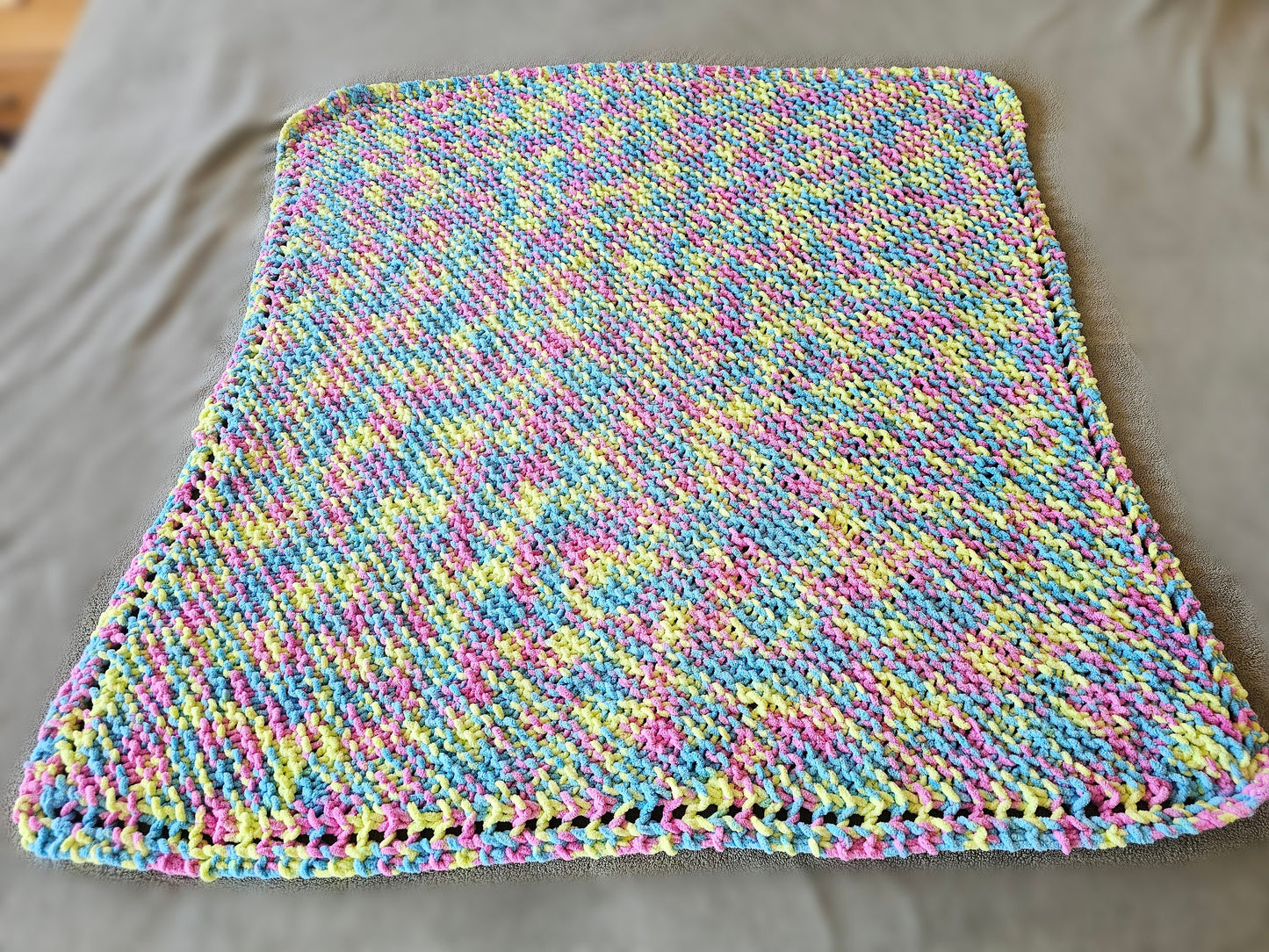 Colorful Knitted Baby Blanket. Cozy Lapghan. Super Soft Throw. Cuddly Chenille Blanket. Gender-Neutral Baby Shower Gift. Yellow, Pink, Blue.