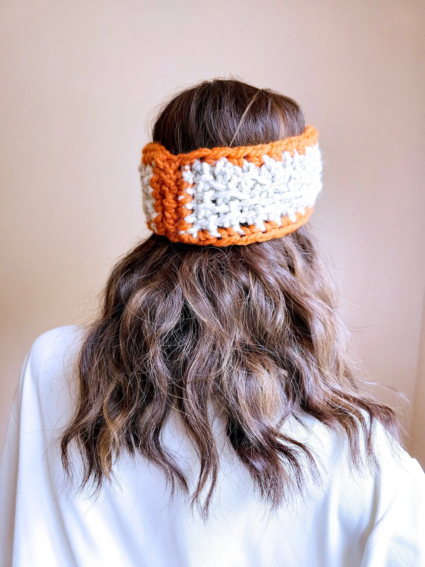 Wool Blend Ear Warmer. Crochet Headband. Handmade Headwear. Pumpkin and Cream. Adult size headband. Unisex Gifts. Hand Knit Ear Warmer.