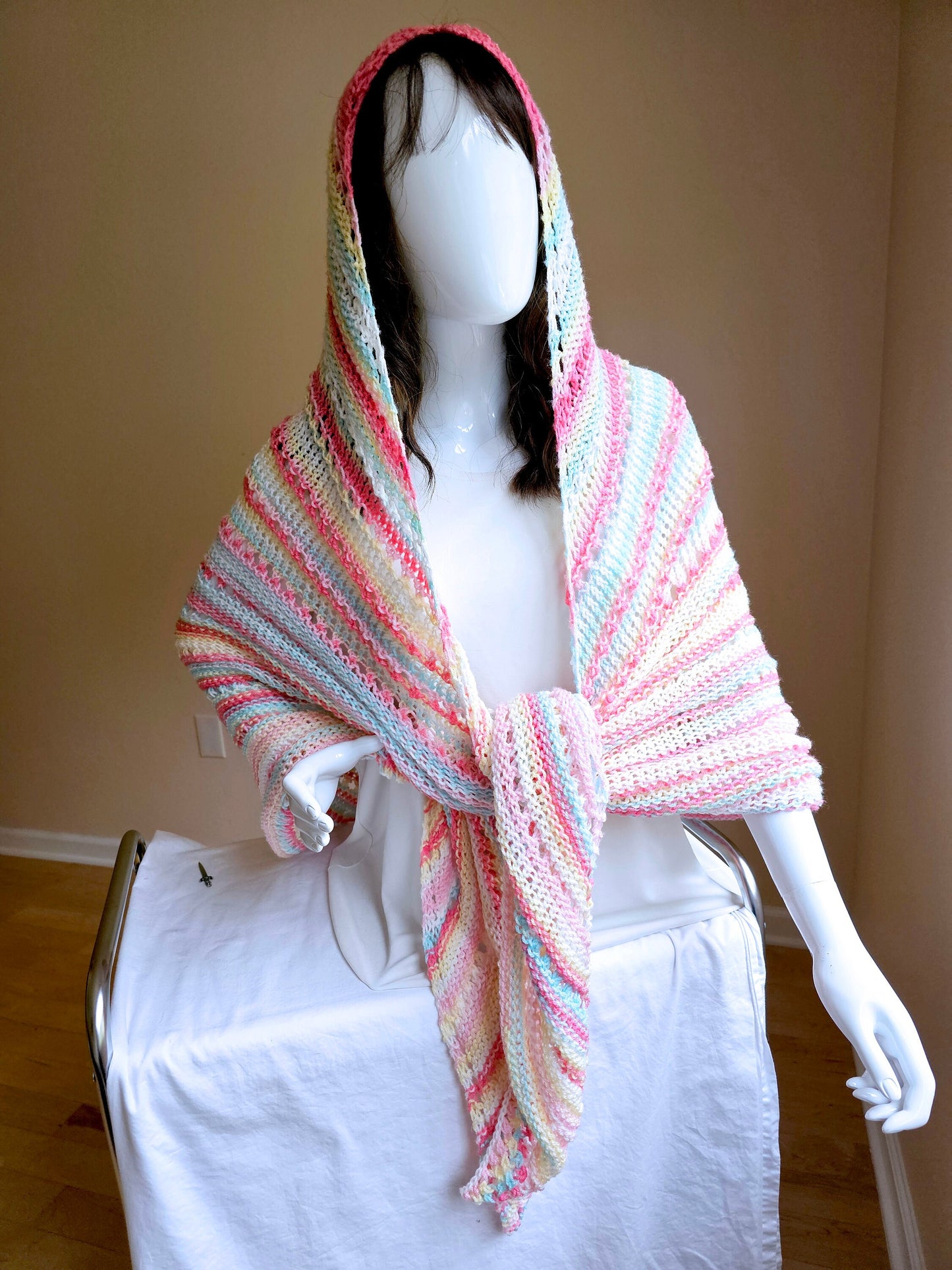 Triangular Shawl. Hand knit shawl. 3-Season shawl. Oversize shawl. Coral and turquoise. Pastel stripes shawl. Knit cover up. Hooded shawl.