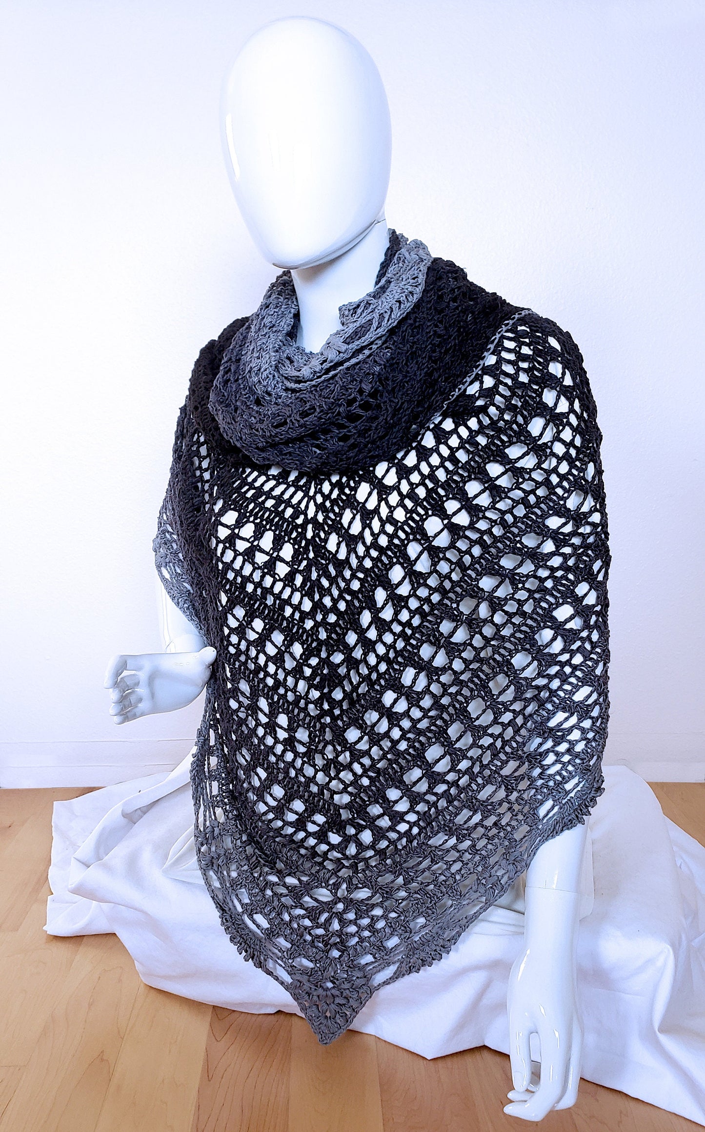 Crochet wrap. Black gray gradient. Triangular shawl. Monochrome shawl. Boho bridal shawl. Spring summer shawl. 108 x 46 inches. Women's wrap
