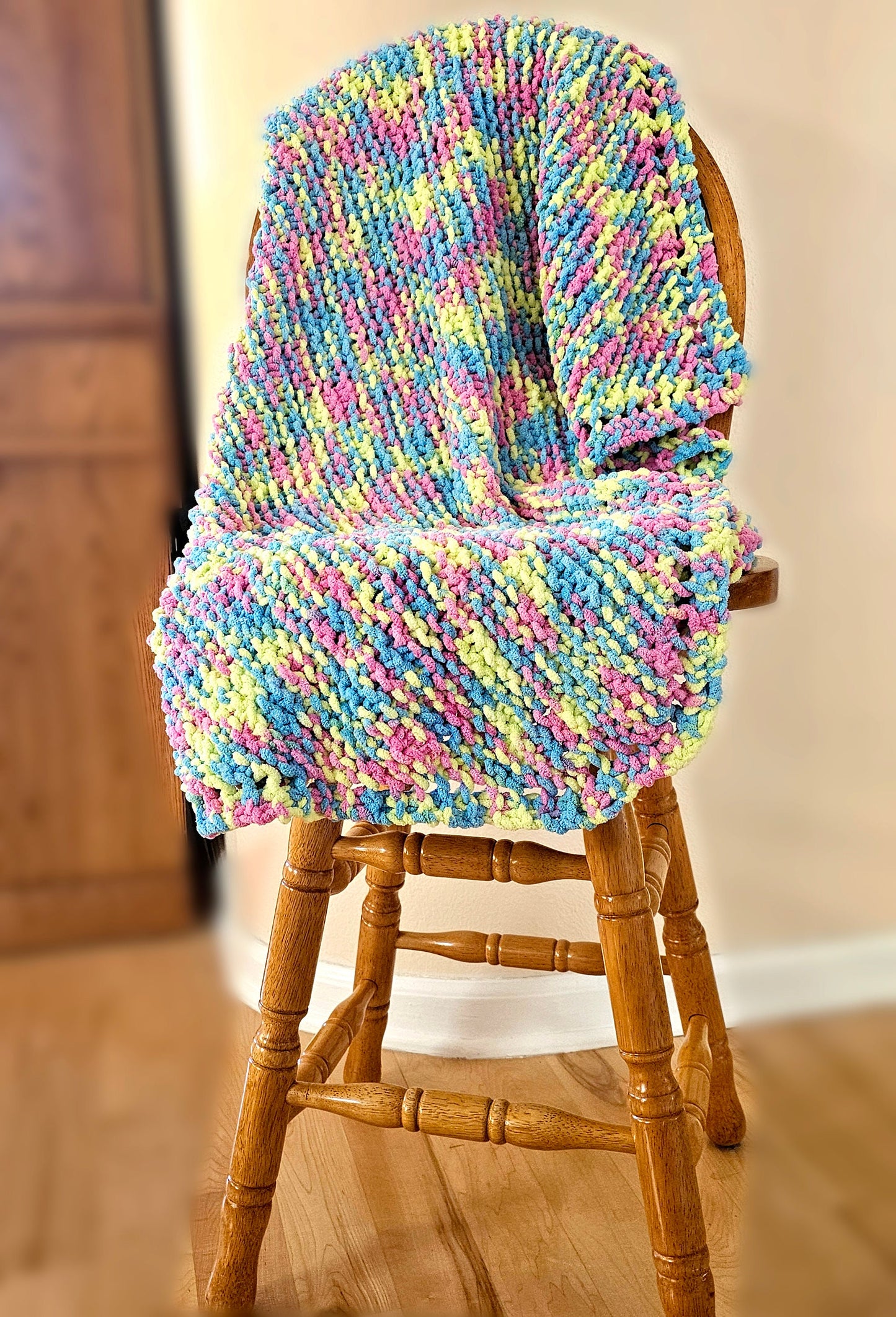 Colorful Knitted Baby Blanket. Cozy Lapghan. Super Soft Throw. Cuddly Chenille Blanket. Gender-Neutral Baby Shower Gift. Yellow, Pink, Blue.