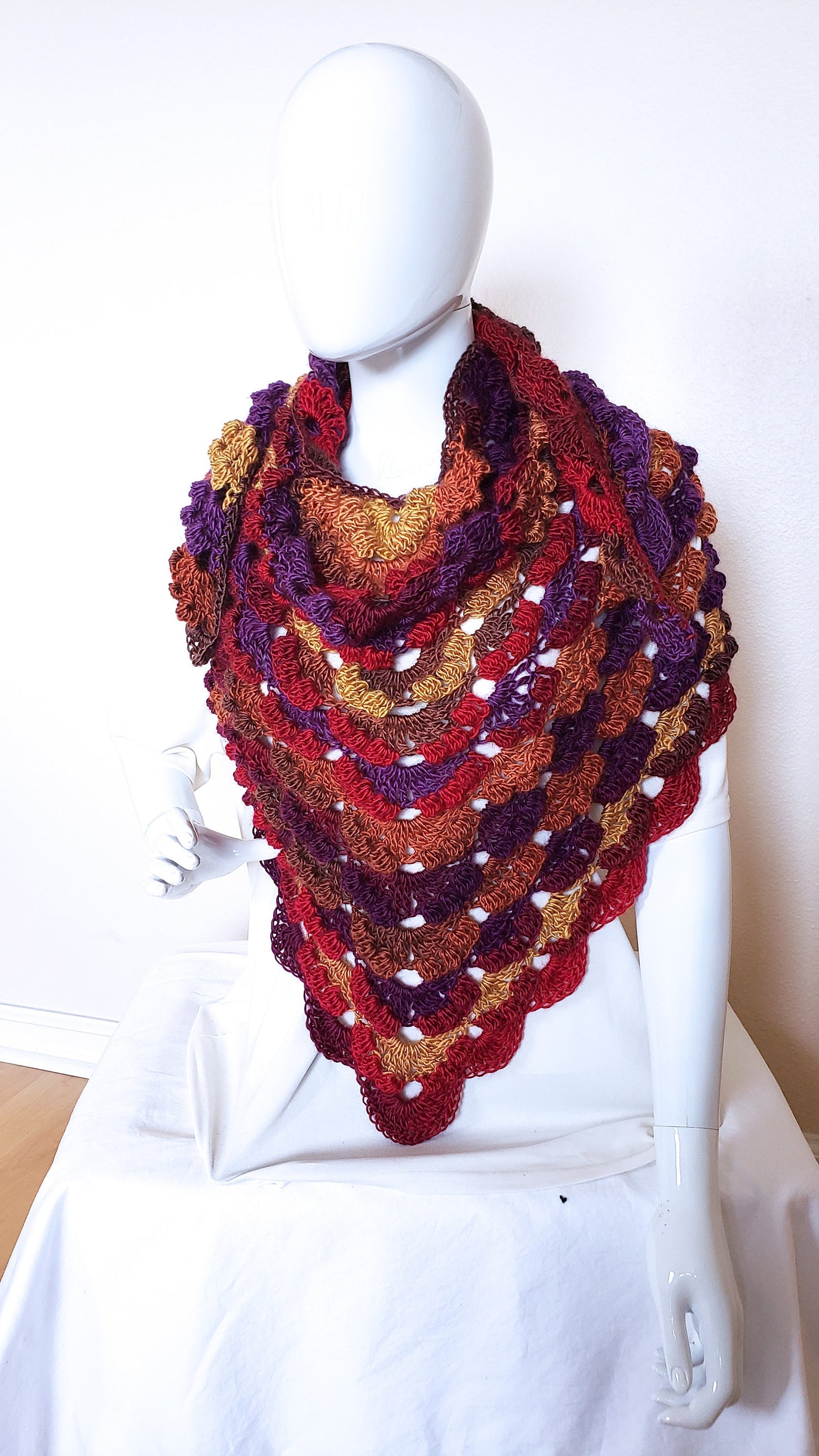 Triangular Shawl. Crochet wrap. 3-Season shawl. Textured shawl. Oversize wrap. Gift for Women. Lacy Multicolor Wrap. Unique chic shawl.