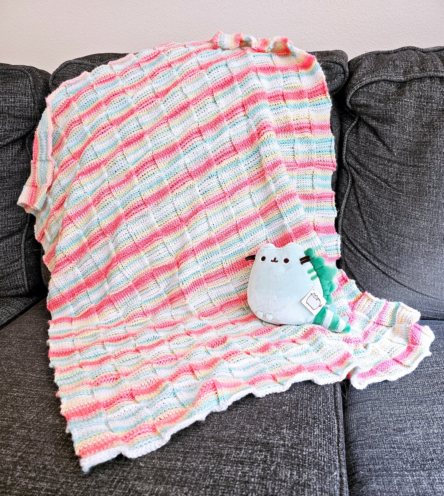 Caribbean Checkerboard Baby Blanket. Hand Knit Afghan. Baby Shower Gift. Cuddly soft blanket. Turquoise, Coral, Pink, White Striped Afghan.
