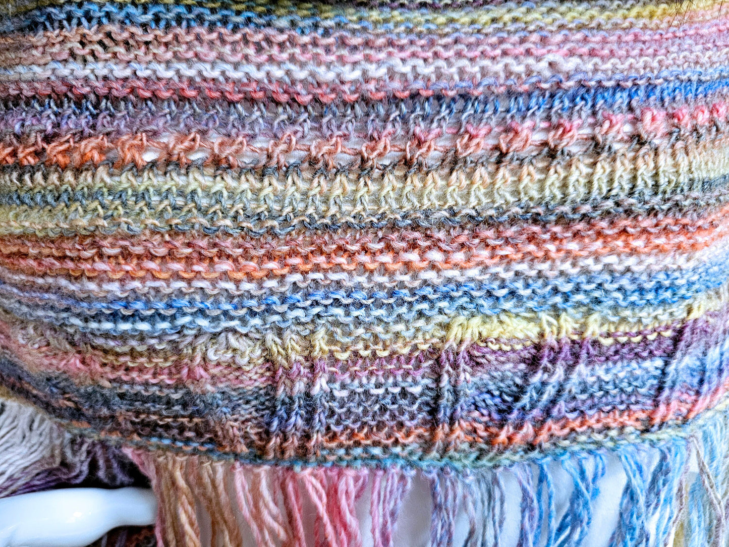 Pastels Triangle Shawl. Fringed Boho Wrap. Textured Wool Shawl. Soft, Cozy Wrap. Handmade Striped Shawl. Knit shoulder wrap. Gift for Her.
