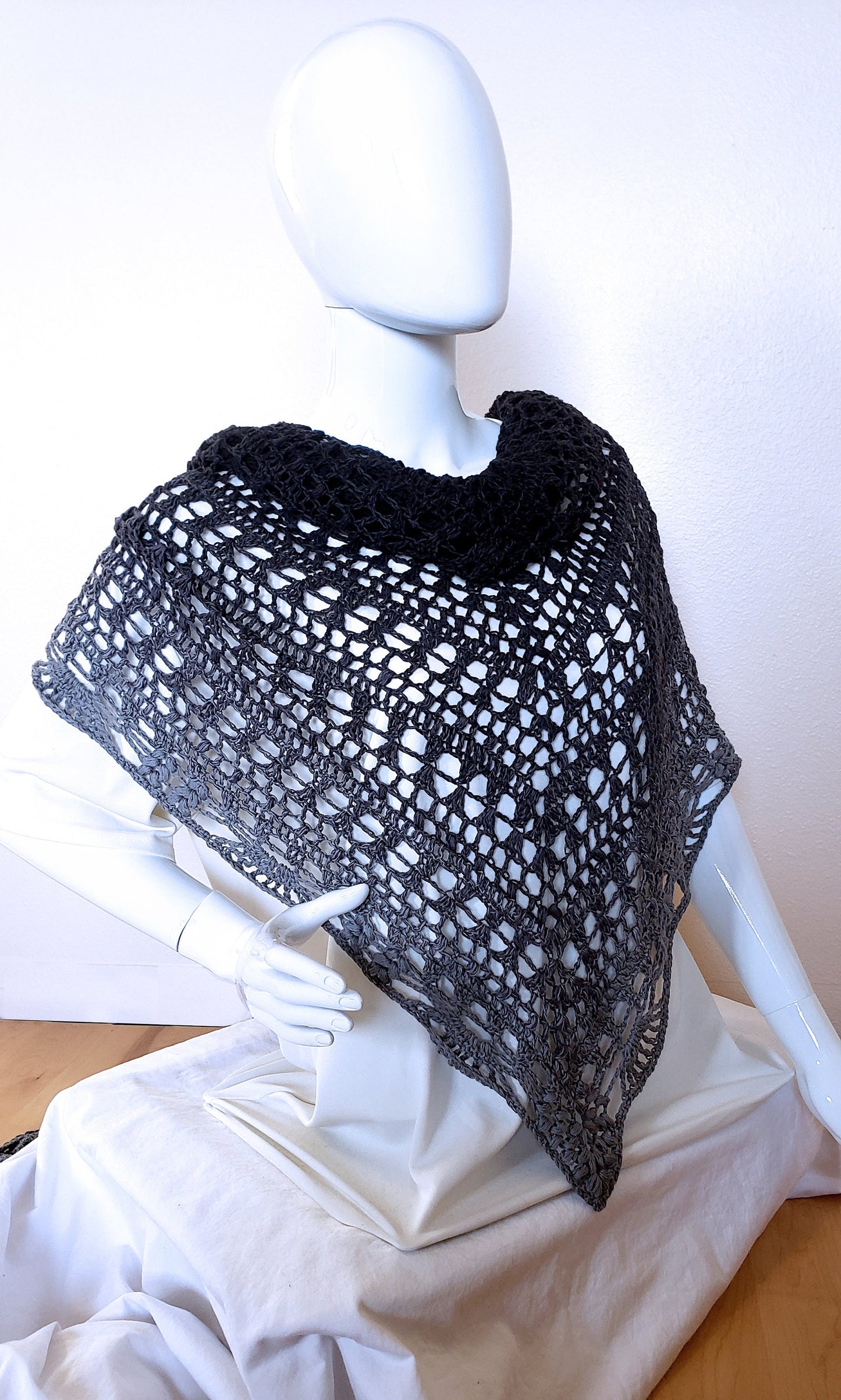 Crochet wrap. Black gray gradient. Triangular shawl. Monochrome shawl. Boho bridal shawl. Spring summer shawl. 108 x 46 inches. Women's wrap