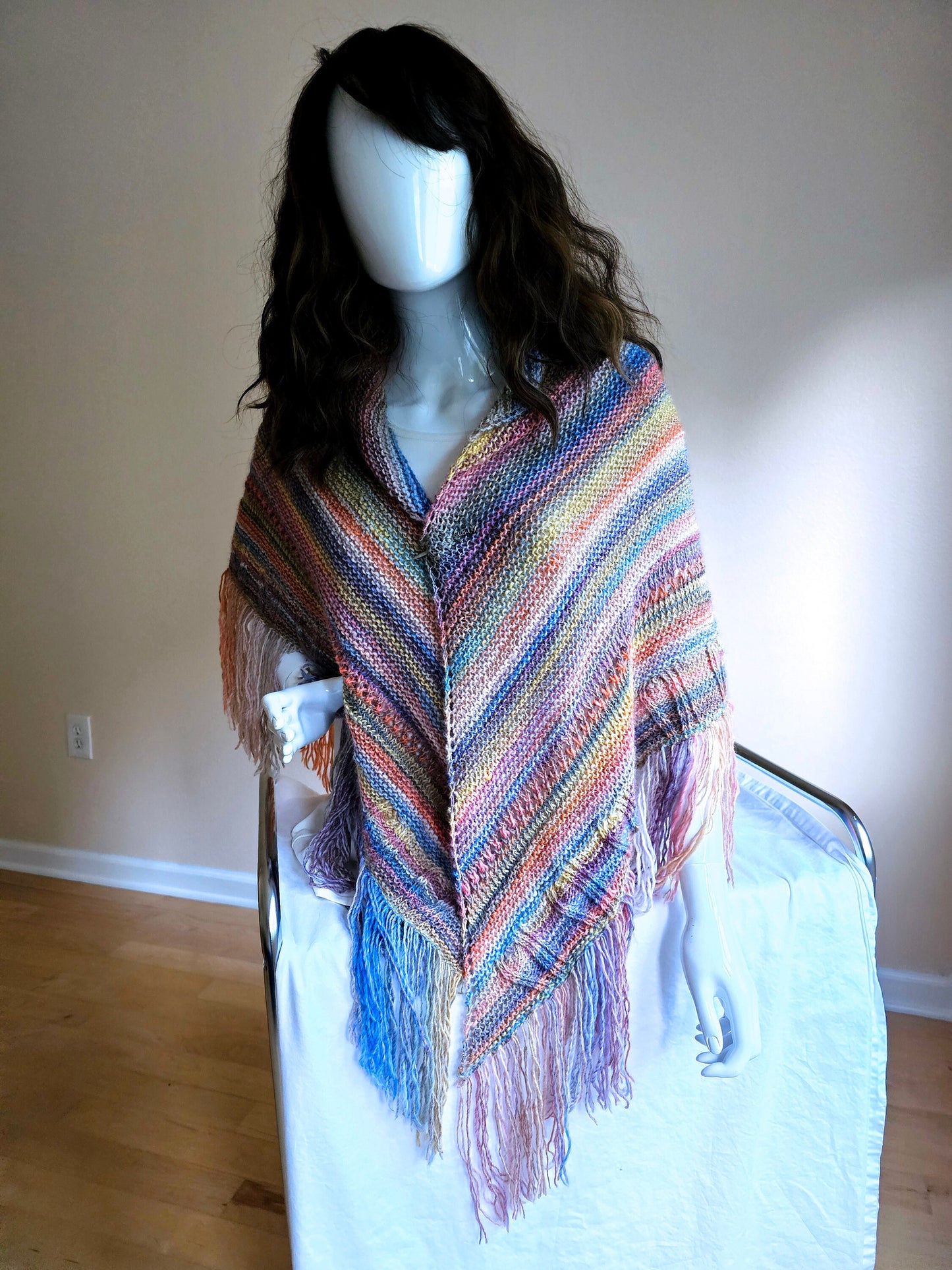 Pastels Triangle Shawl. Fringed Boho Wrap. Textured Wool Shawl. Soft, Cozy Wrap. Handmade Striped Shawl. Knit shoulder wrap. Gift for Her.
