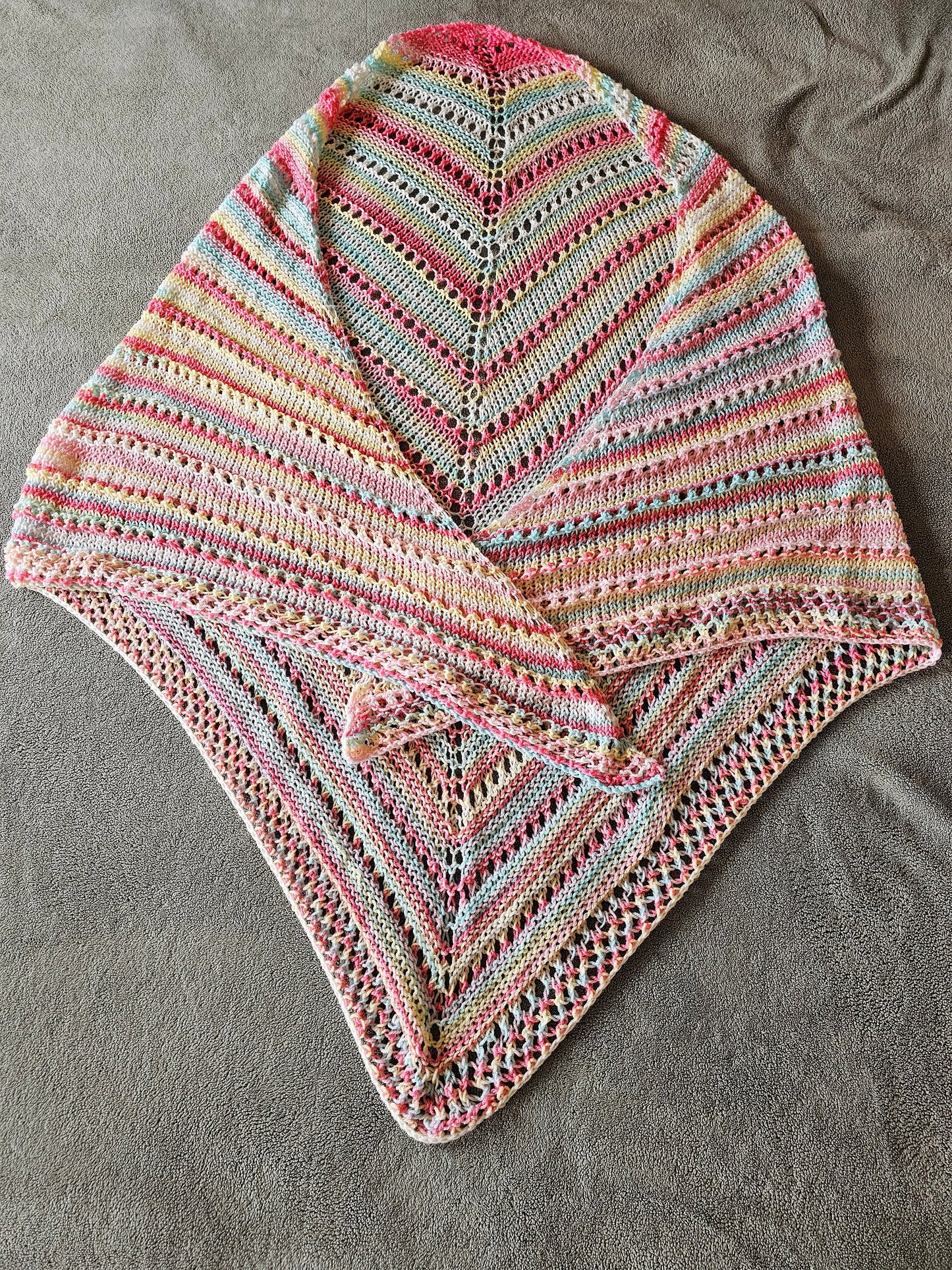 Triangular Shawl. Hand knit shawl. 3-Season shawl. Oversize shawl. Coral and turquoise. Pastel stripes shawl. Knit cover up. Hooded shawl.