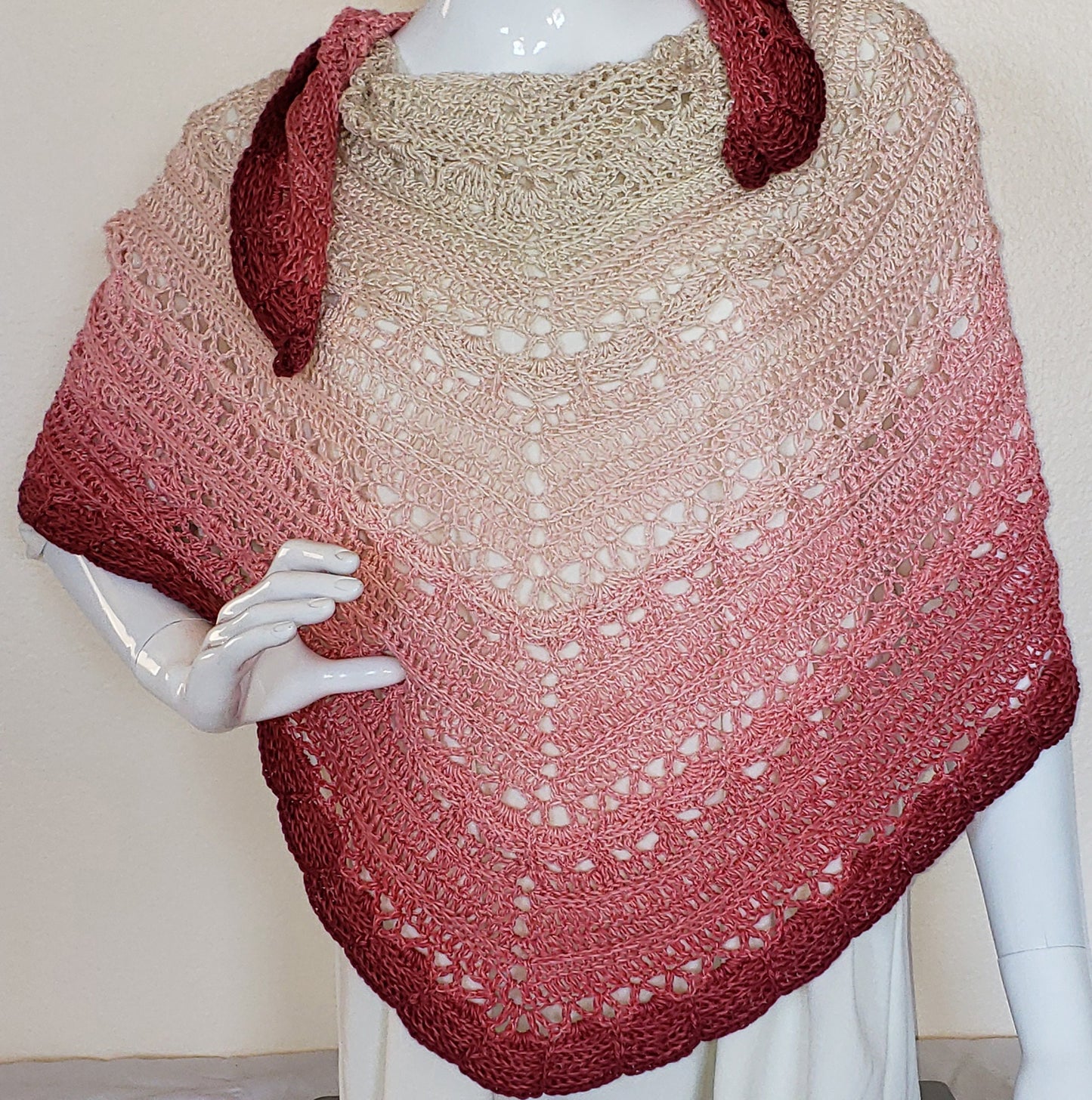 Crochet triangle shawl. Unique chic wrap. Cozy triangle shawl. Rose and Cream Wedding Stole. Gift for Her. Handmade Large shawl.