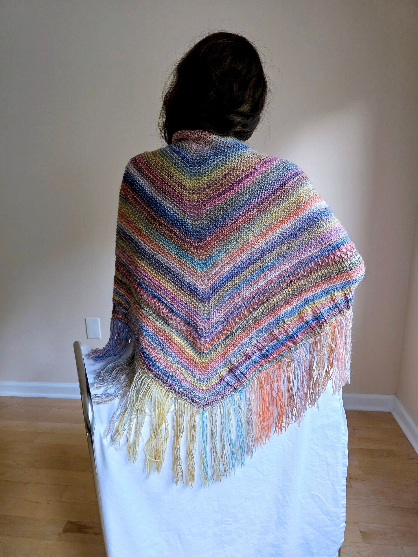 Pastels Triangle Shawl. Fringed Boho Wrap. Textured Wool Shawl. Soft, Cozy Wrap. Handmade Striped Shawl. Knit shoulder wrap. Gift for Her.