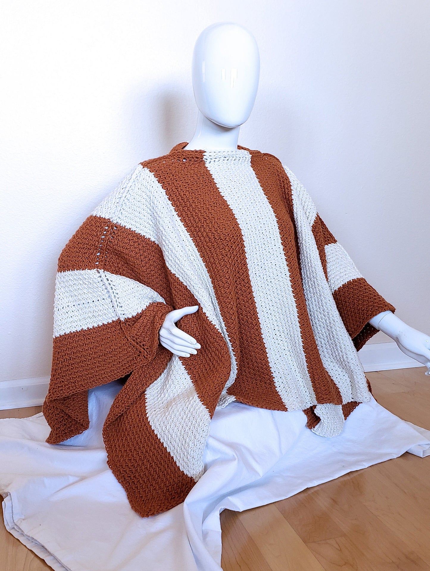 Vertically Striped Pumpkin and Cream poncho. Textured crochet wrap. Unisex 3-season coverup. Adult size poncho. Handmade Boho Wrap.