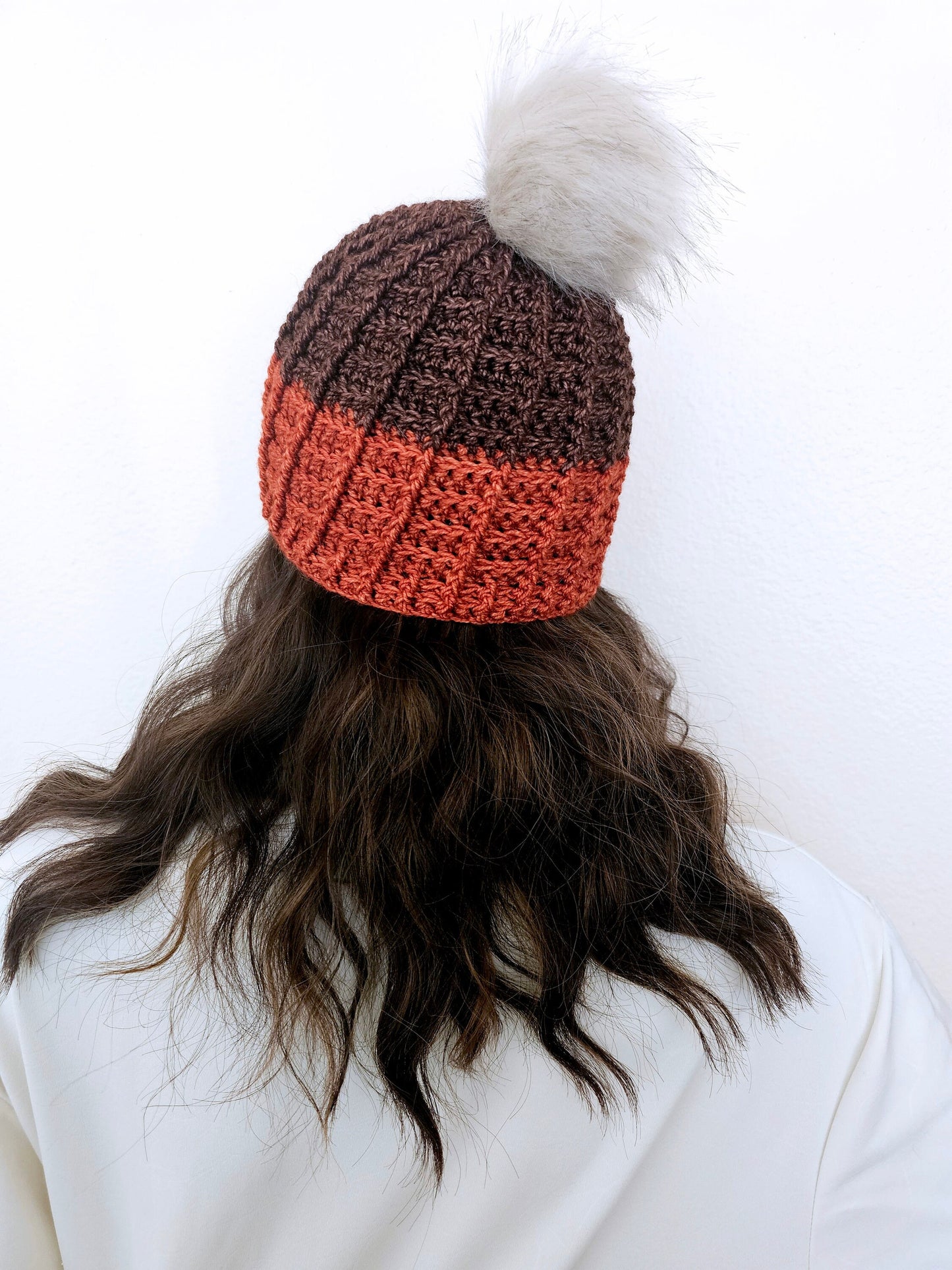 Waffle Stitch Winter Beanie. Orange & Brown Stocking Cap. Unisex Winter Hat. Pom Pom Beanie. Adult Wool Alpaca Hat. Textured Crochet Beanie.