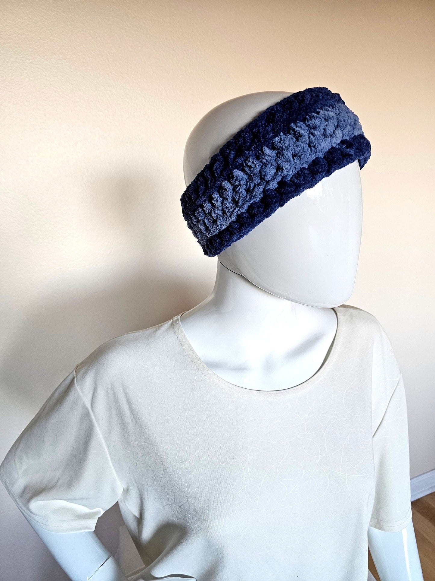 Shades of Blue Ear warmer. Blue Chenille Headband. Crochet ear warmer. Sporty headband. Handmade hair accessory. Gender Neutral. Adult size.