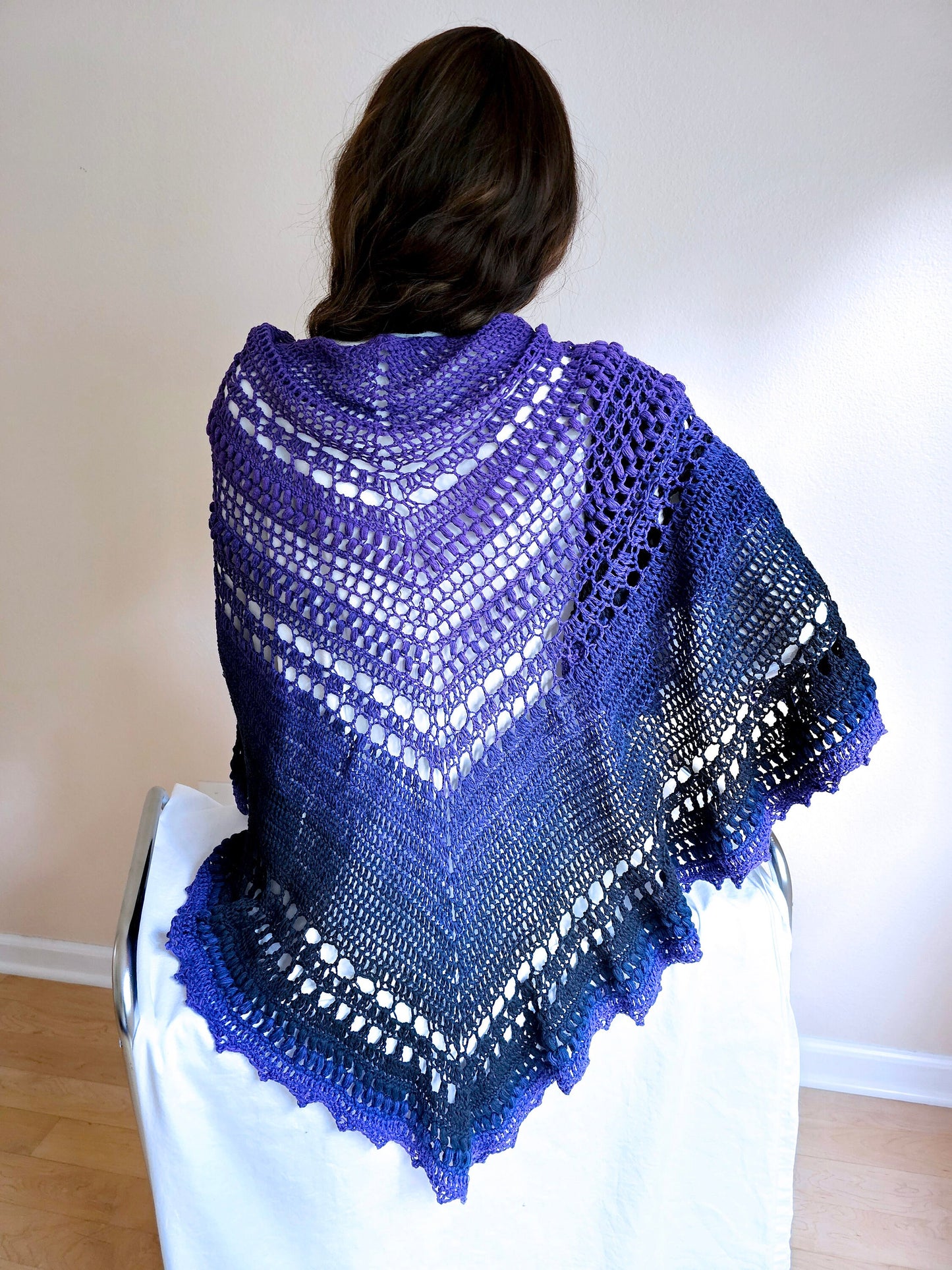 Triangular Shawl. Crochet Cotton Wrap. Large shawl. Winter scarf cotton. Whimsigoth wrap. Three season shawl. Gift for Her. Purple Black.