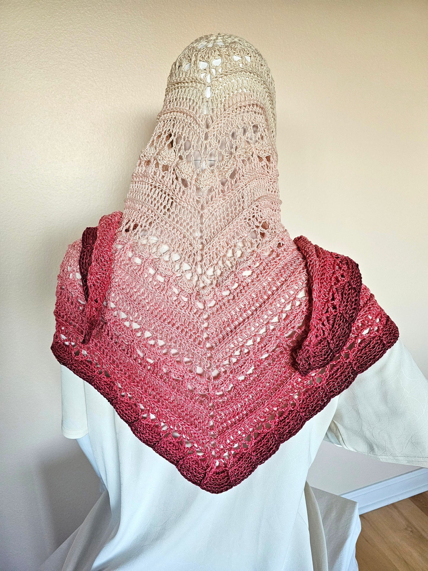 Crochet triangle shawl. Unique chic wrap. Cozy triangle shawl. Rose and Cream Wedding Stole. Gift for Her. Handmade Large shawl.