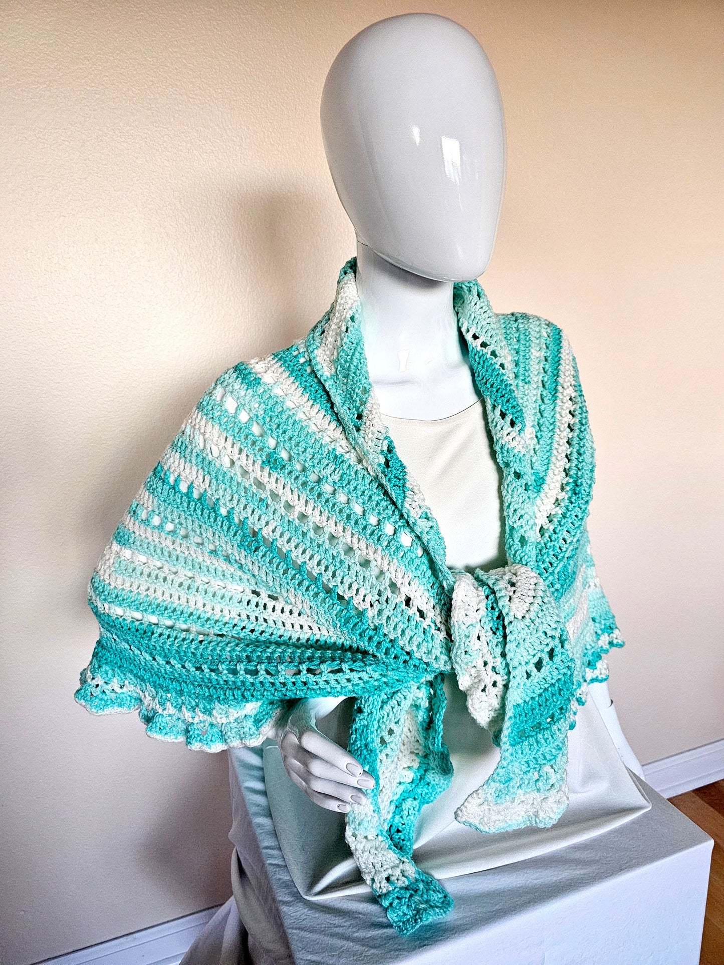 Triangular Shawl. Crochet wrap. 3-Season shawl. Ruffled shawl. Oversize wrap. Gift for Women. Striped Acrylic Wrap. Unique chic shawl.
