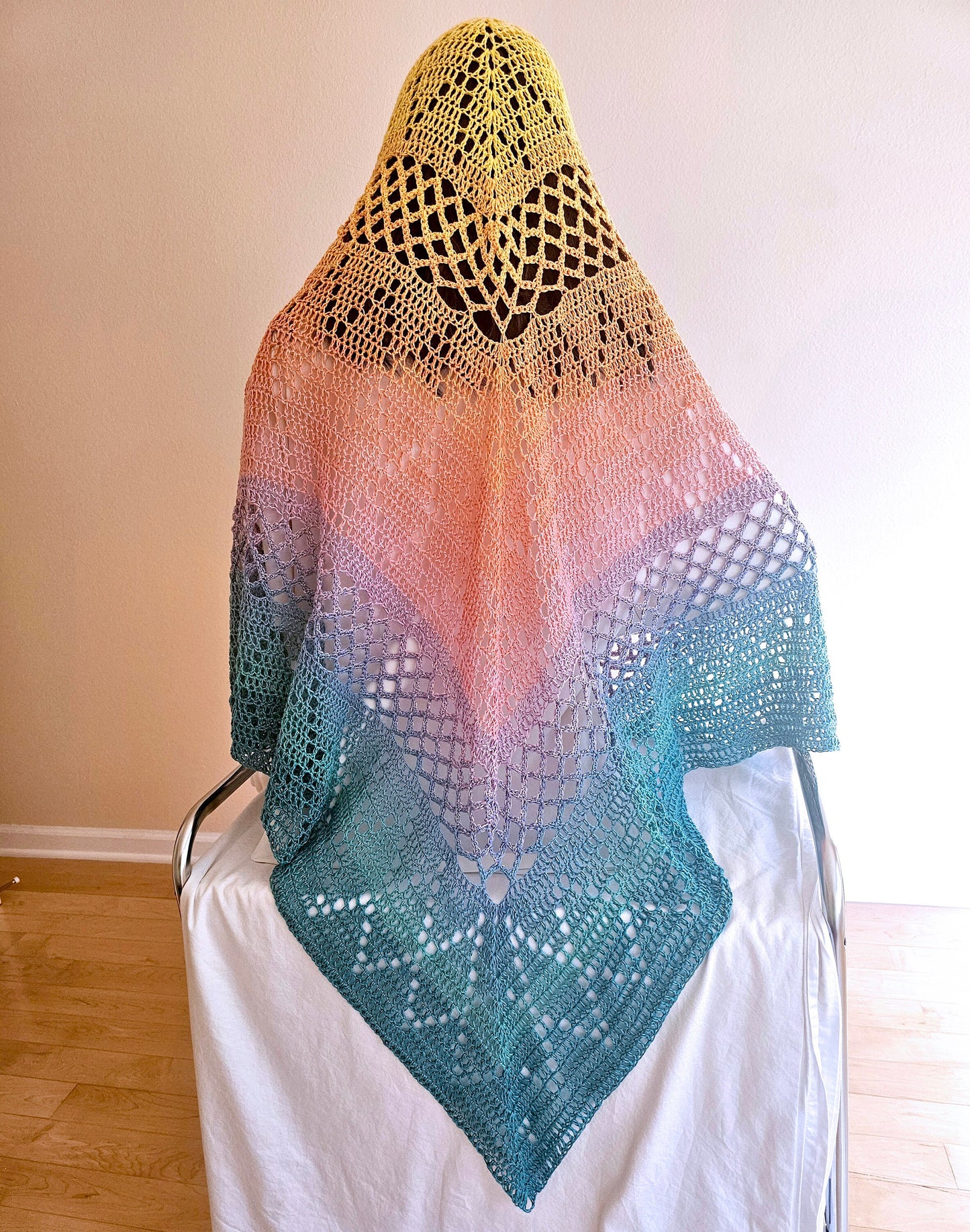 Oversize Crochet Shawl. Tropical Colors Wrap. Lacy Beach Coverup. Gift for Her. Cotton Blend Shawl. Handcrafted Summer Wrap. Triangle Shawl.