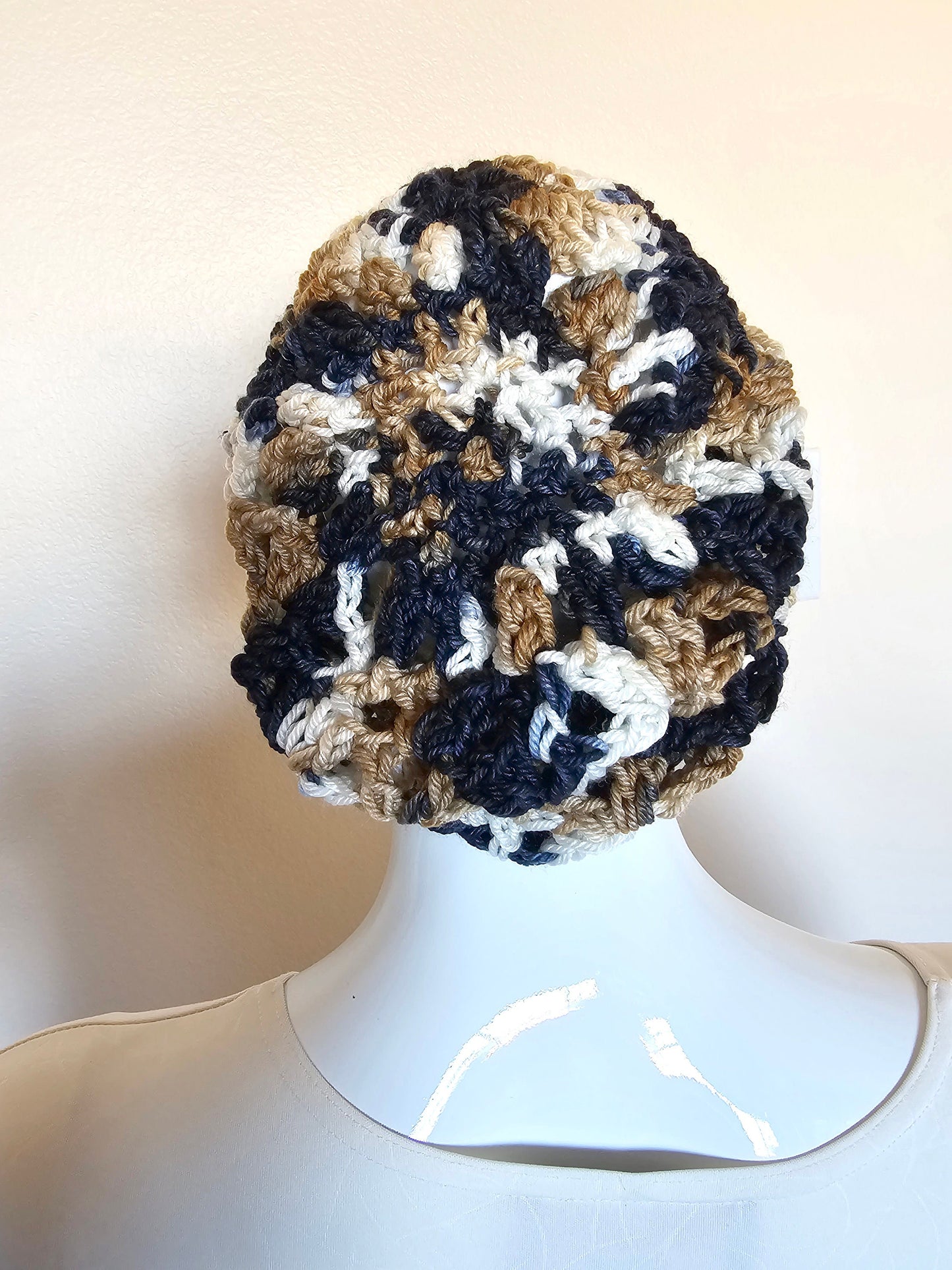 Summer crochet beret. Handmade Hat. Back White Gold Tam. Handmade accessory. Crochet headwear. Gift for her. Adult size beret. Slouchy Hat.