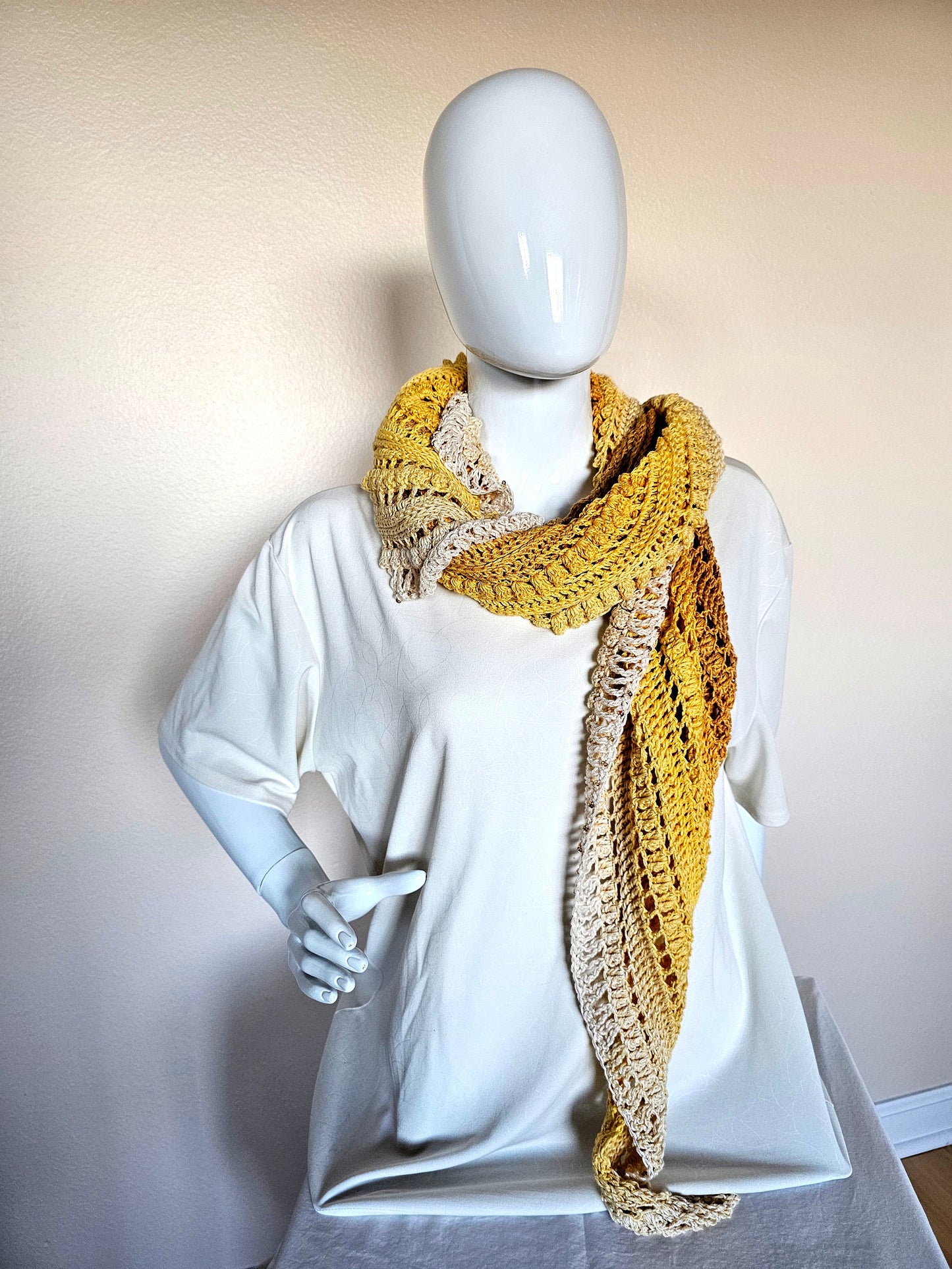 Hand Crochet Wrap. Wedding shawl. Bridesmaid wrap. Prom accessory. Beaded shawl. Princess wrap. Bridal stole. Gift for her. Gold and Cream.