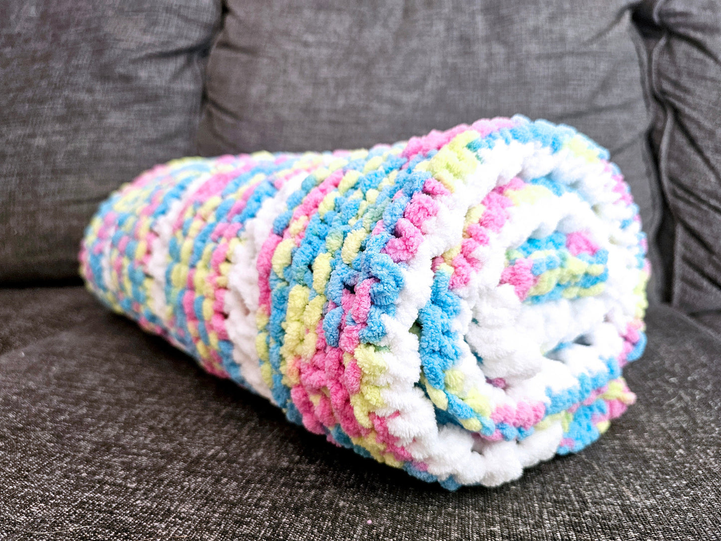 Super Soft Hand Knit Baby Afghan. Chenille Lapghan. Baby Shower Gift. Cozy Toddler Comforter. Blue, Pink, Yellow and White Crib Blanket.