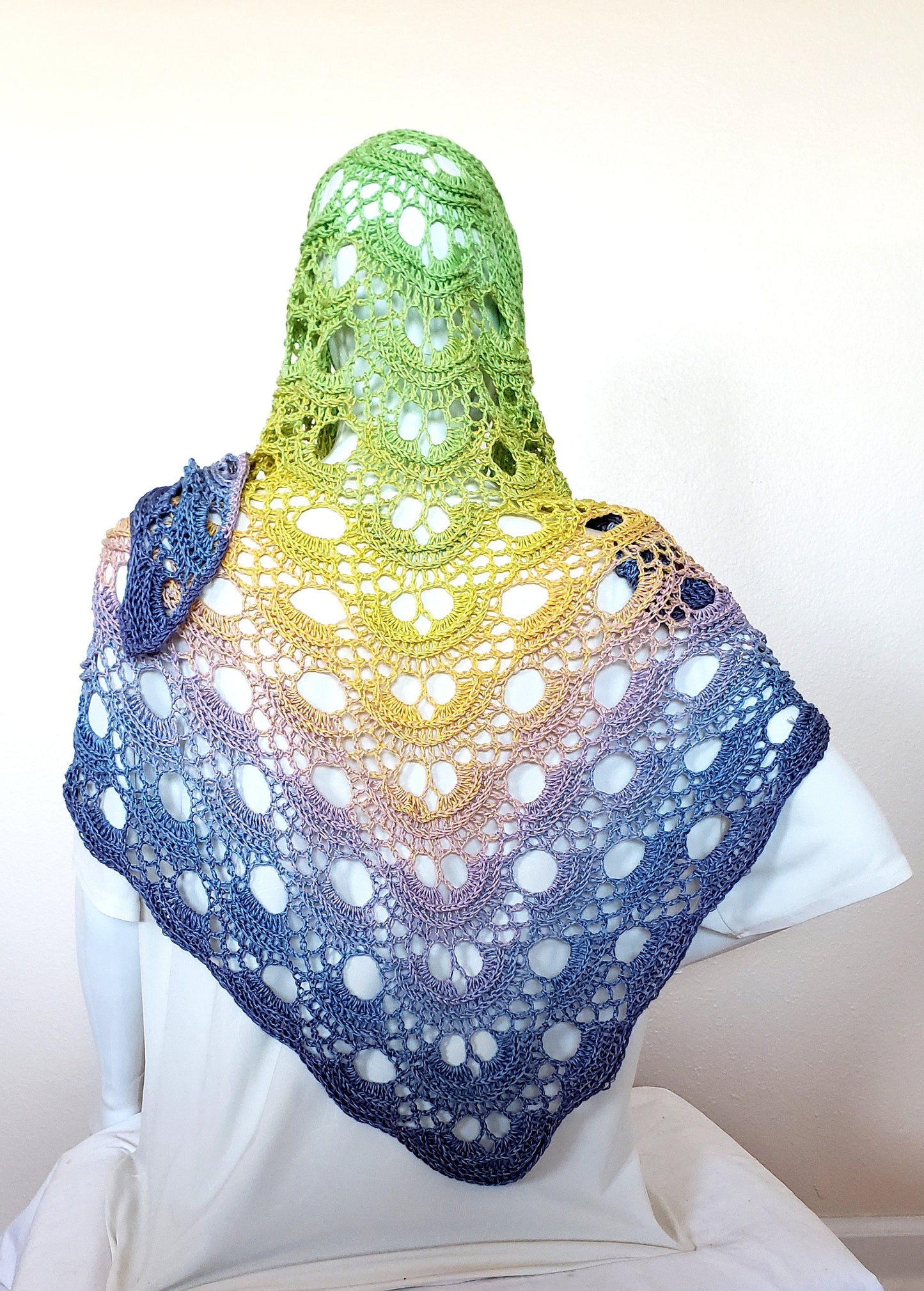 Crochet wrap. Lacy cover up. Triangular shawl. Pastel gradient wrap. Boho shawl. Spring summer accessory. 76 x 34 inches. Gift for her.