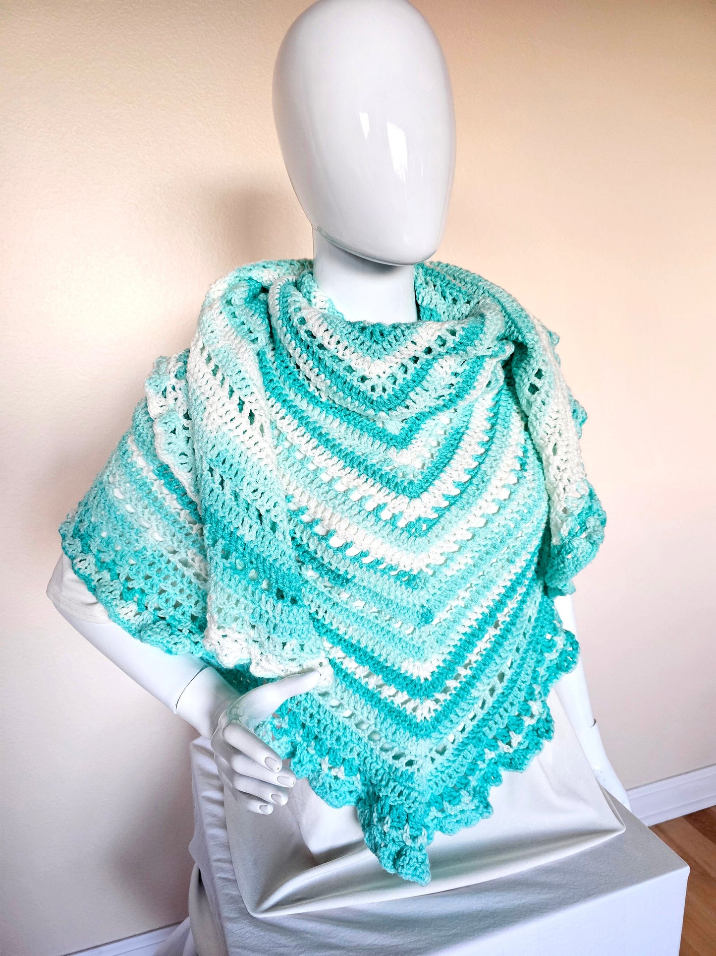 Triangular Shawl. Crochet wrap. 3-Season shawl. Ruffled shawl. Oversize wrap. Gift for Women. Striped Acrylic Wrap. Unique chic shawl.