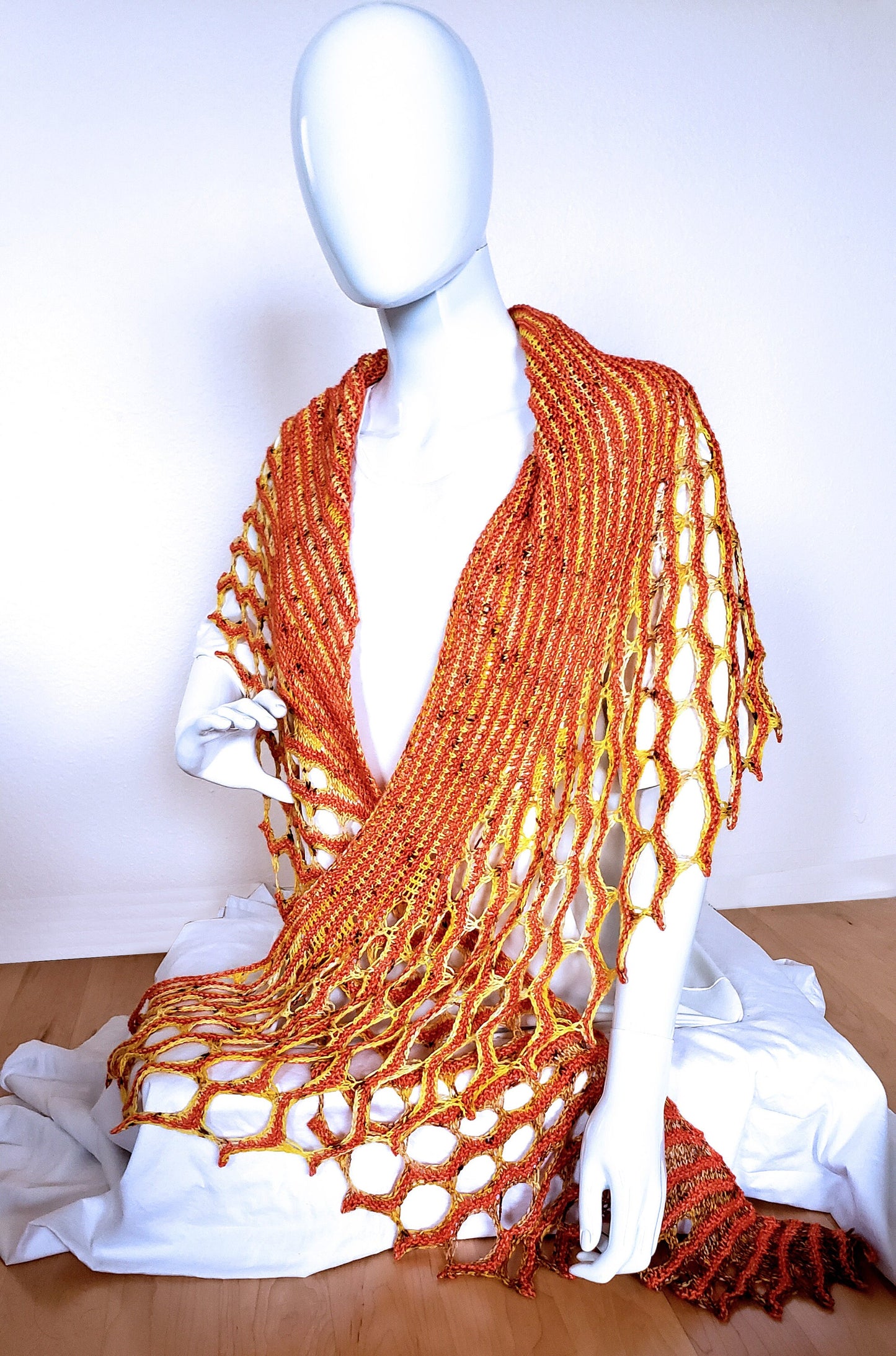 Elegant Tangerine Wrap. Hand Knit Stole. Unique Dressy Shawl. Summer Spring Accessories. Honeycomb Shawl. Angel Wings Wrap. Gifts for Her.