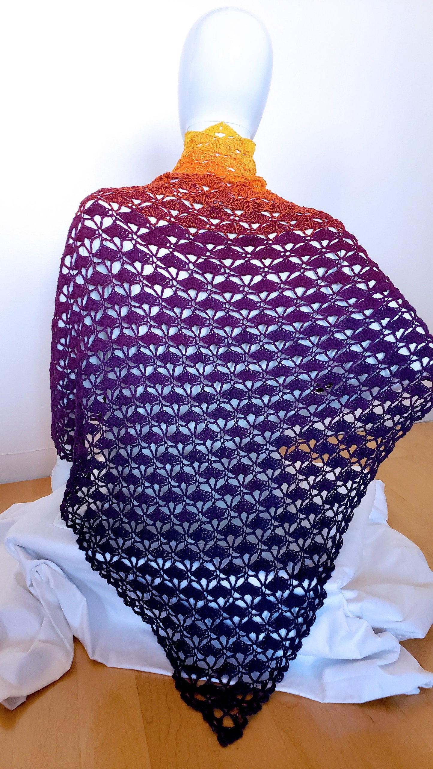 Triangular shawl. Crochet cotton wrap. Color gradient shawl. Dressy accessory. Cozy triangle shawl. Large shawl. Gift for women. Gypsy shawl