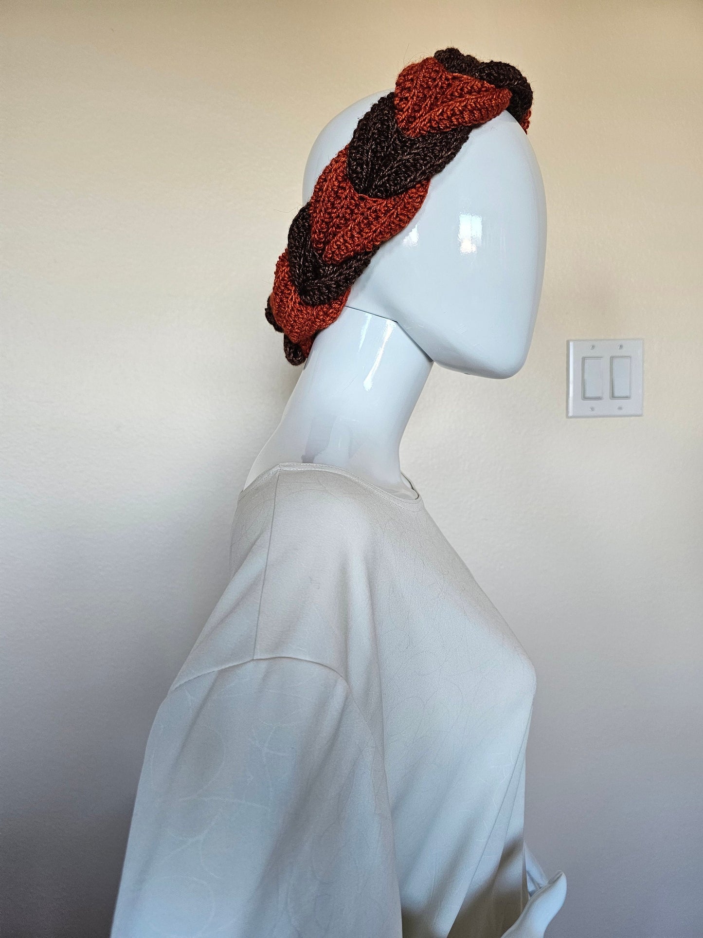 Chocolate and Pumpkin Headband. Braided Wool Headband. Crochet ear warmer. Boho headband. Handmade hair accessory. Winter ear covering.