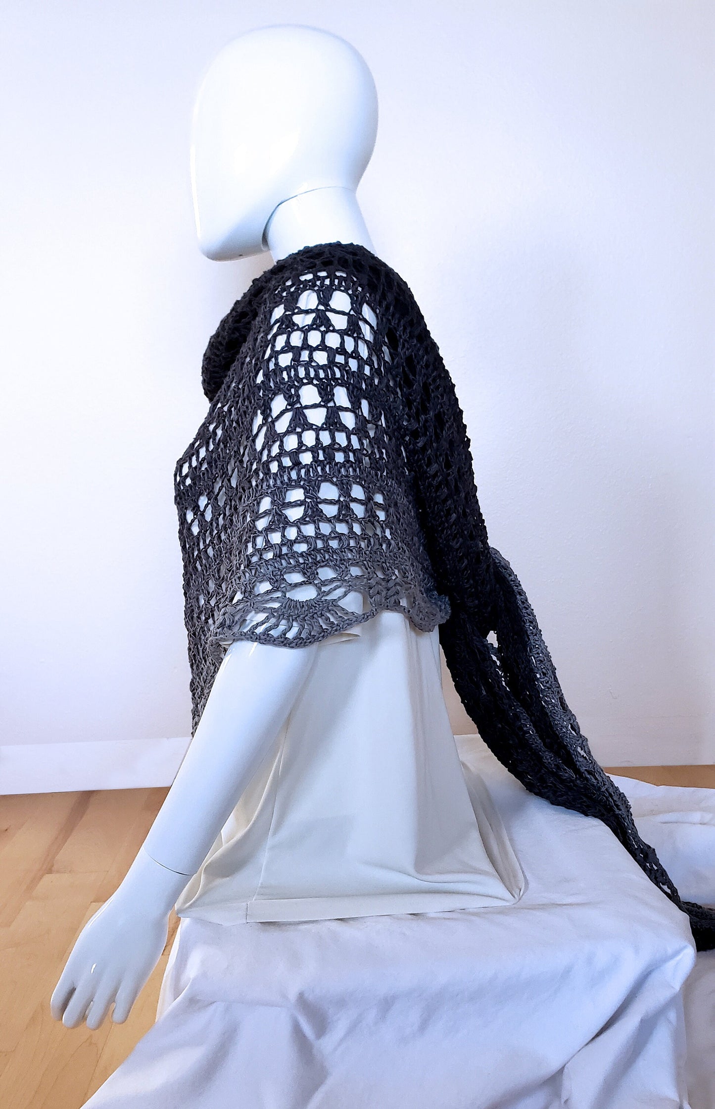 Crochet wrap. Black gray gradient. Triangular shawl. Monochrome shawl. Boho bridal shawl. Spring summer shawl. 108 x 46 inches. Women's wrap
