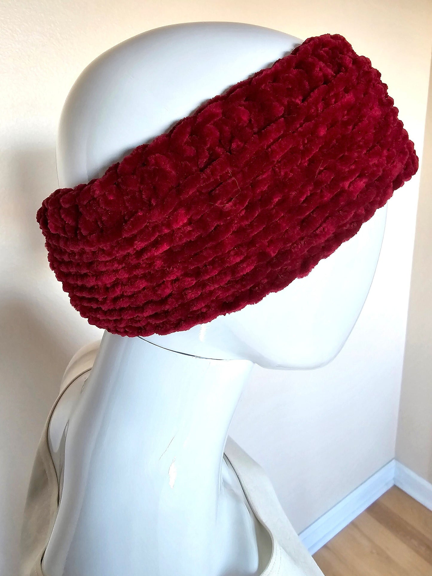Red Velvet Ear warmer. Boho headband. Crochet ear warmer. Velvet Headband. Handmade hair accessory. Winter ear covering. Women's headband.