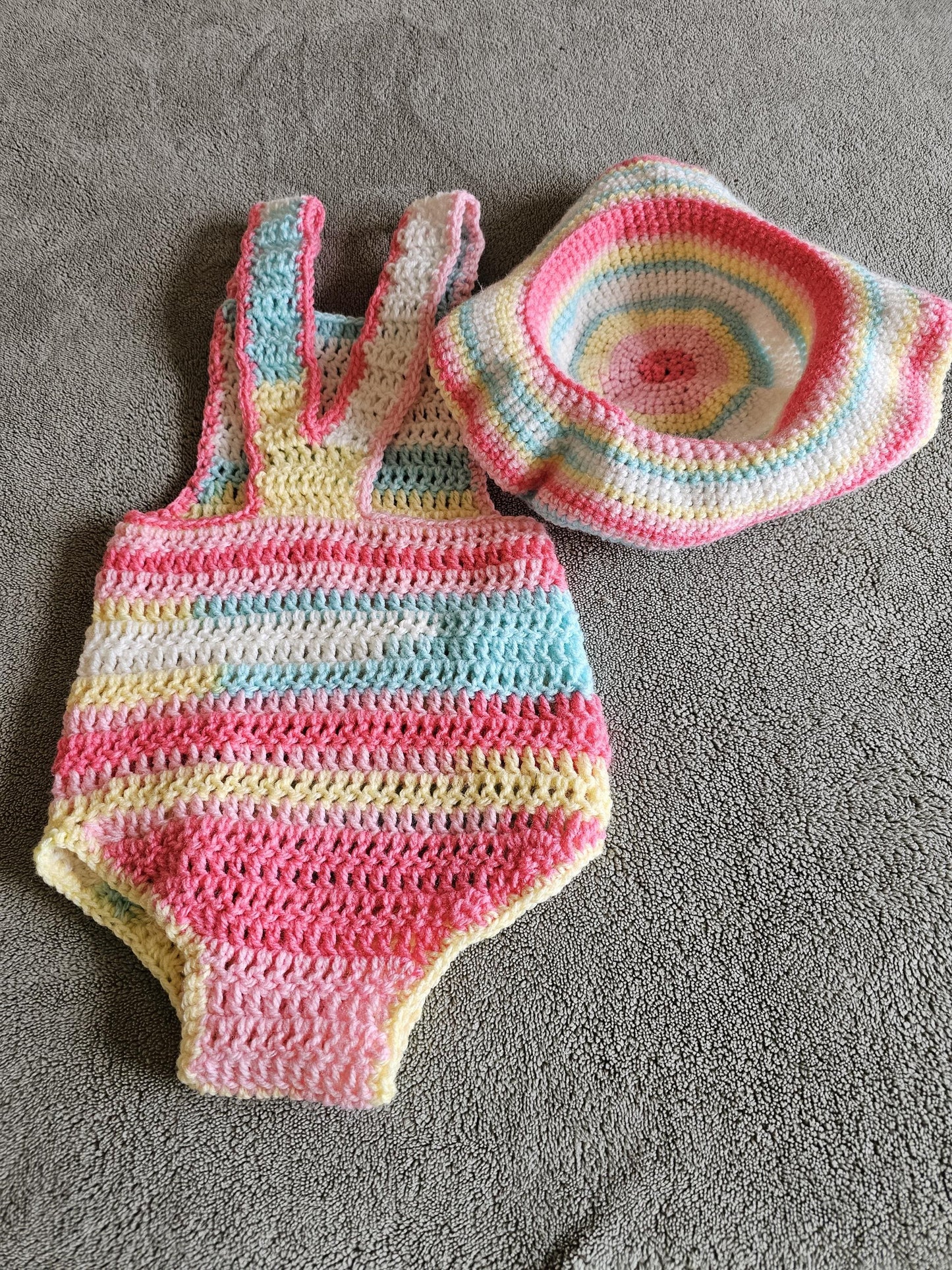 Baby Romper and Hat. Onesie and Bucket Hat. Striped Baby Set. Baby Shower Gift. Gender-Neutral Clothes. Crochet Baby Set. Striped Romper.