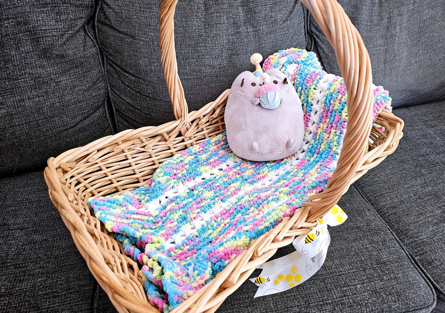 Super Soft Hand Knit Baby Afghan. Chenille Lapghan. Baby Shower Gift. Cozy Toddler Comforter. Blue, Pink, Yellow and White Crib Blanket.