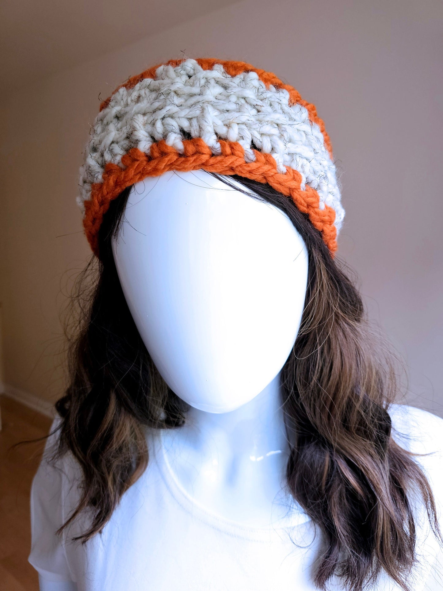 Wool Blend Ear Warmer. Crochet Headband. Handmade Headwear. Pumpkin and Cream. Adult size headband. Unisex Gifts. Hand Knit Ear Warmer.