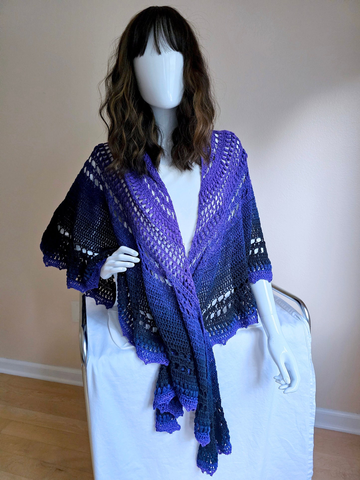 Triangular Shawl. Crochet Cotton Wrap. Large shawl. Winter scarf cotton. Whimsigoth wrap. Three season shawl. Gift for Her. Purple Black.