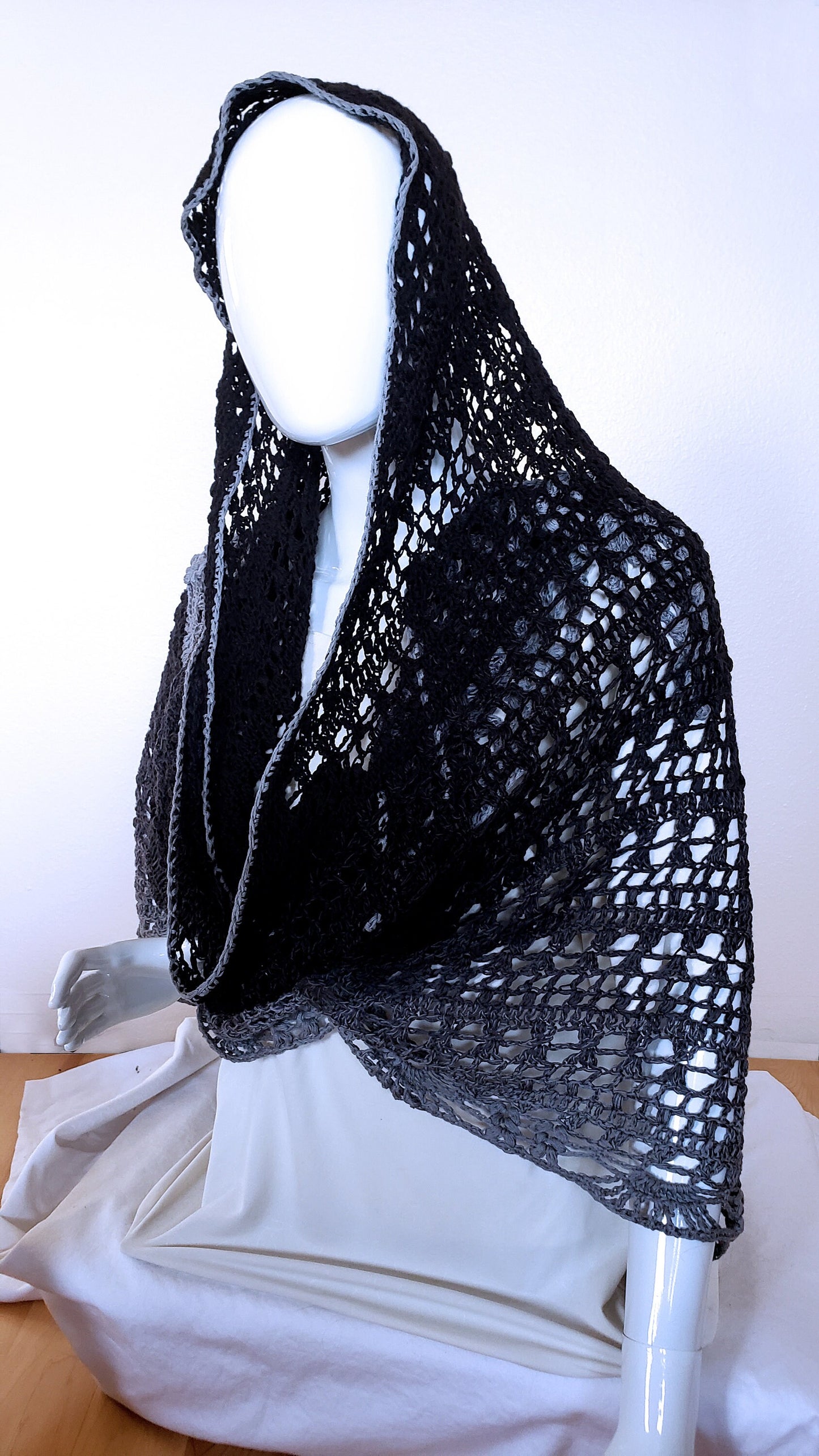 Crochet wrap. Black gray gradient. Triangular shawl. Monochrome shawl. Boho bridal shawl. Spring summer shawl. 108 x 46 inches. Women's wrap