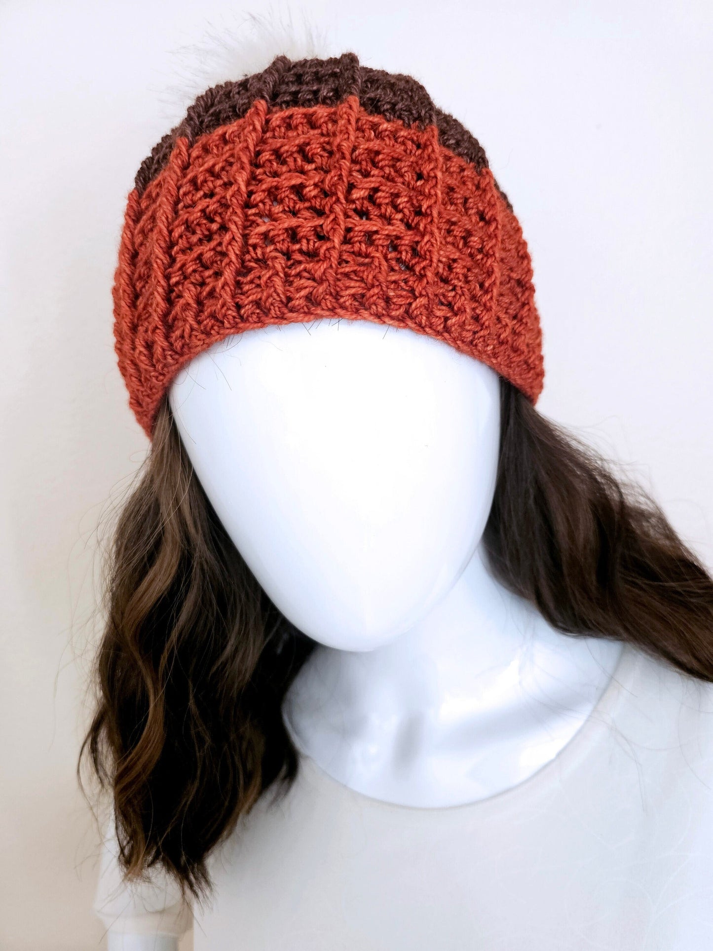 Waffle Stitch Winter Beanie. Orange & Brown Stocking Cap. Unisex Winter Hat. Pom Pom Beanie. Adult Wool Alpaca Hat. Textured Crochet Beanie.