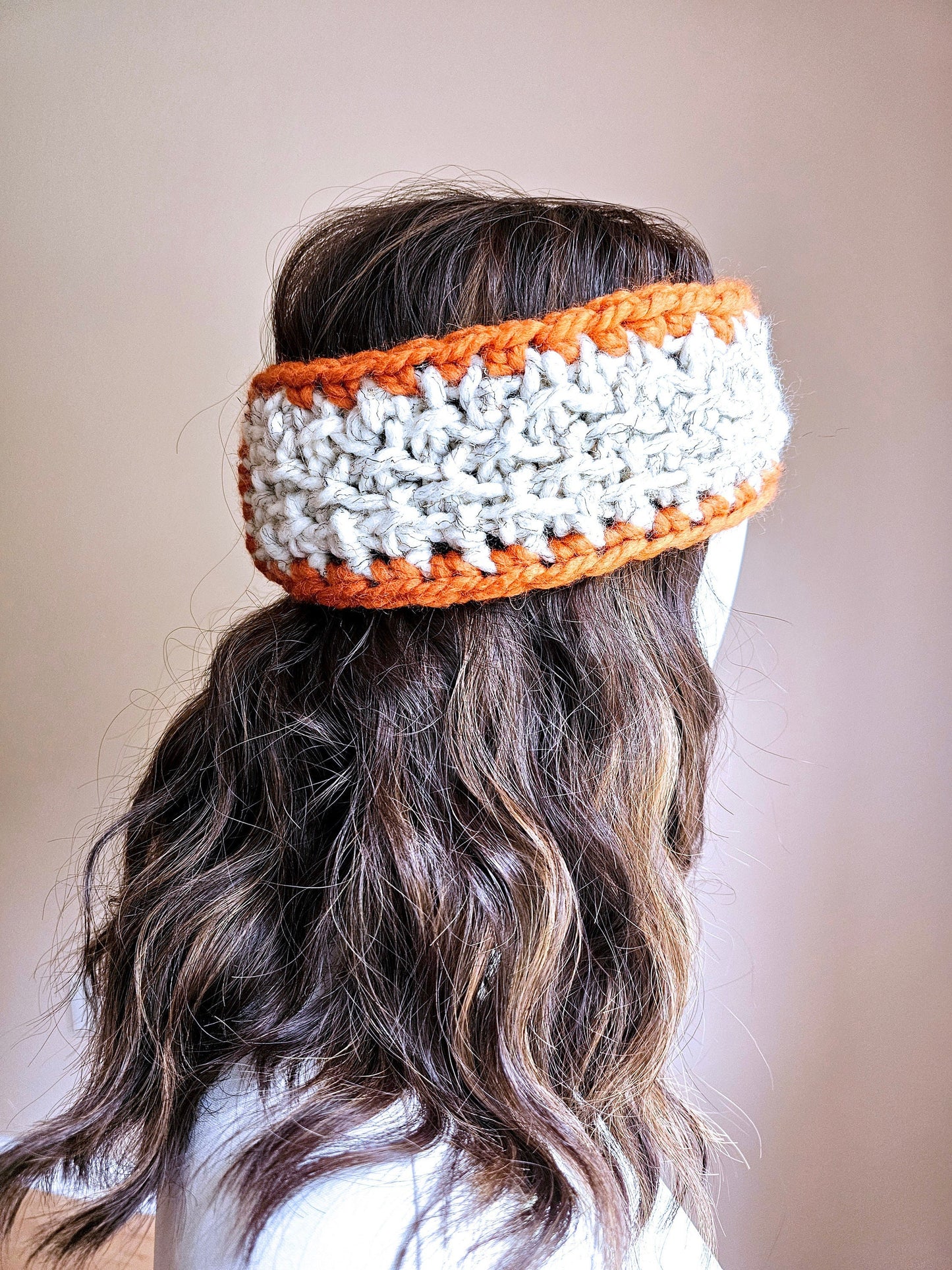 Wool Blend Ear Warmer. Crochet Headband. Handmade Headwear. Pumpkin and Cream. Adult size headband. Unisex Gifts. Hand Knit Ear Warmer.